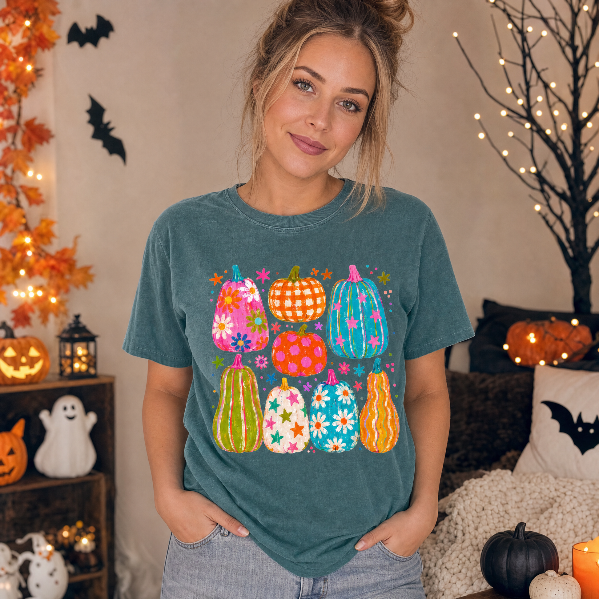 Model wearing the Playful Pumpkins comfort colors tee in Blue Spruce