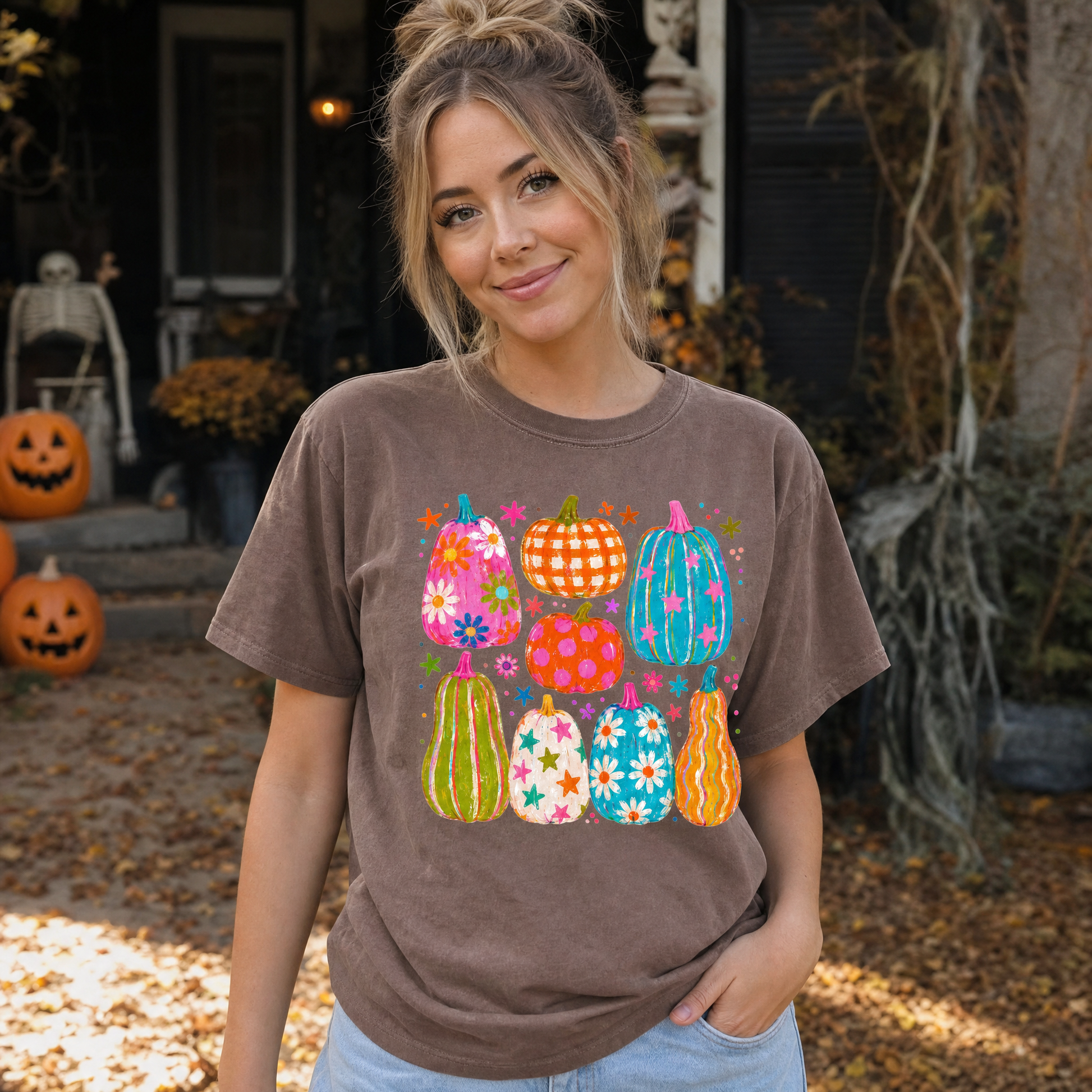 Model wearing the Playful Pumpkins comfort colors tee in Espresso