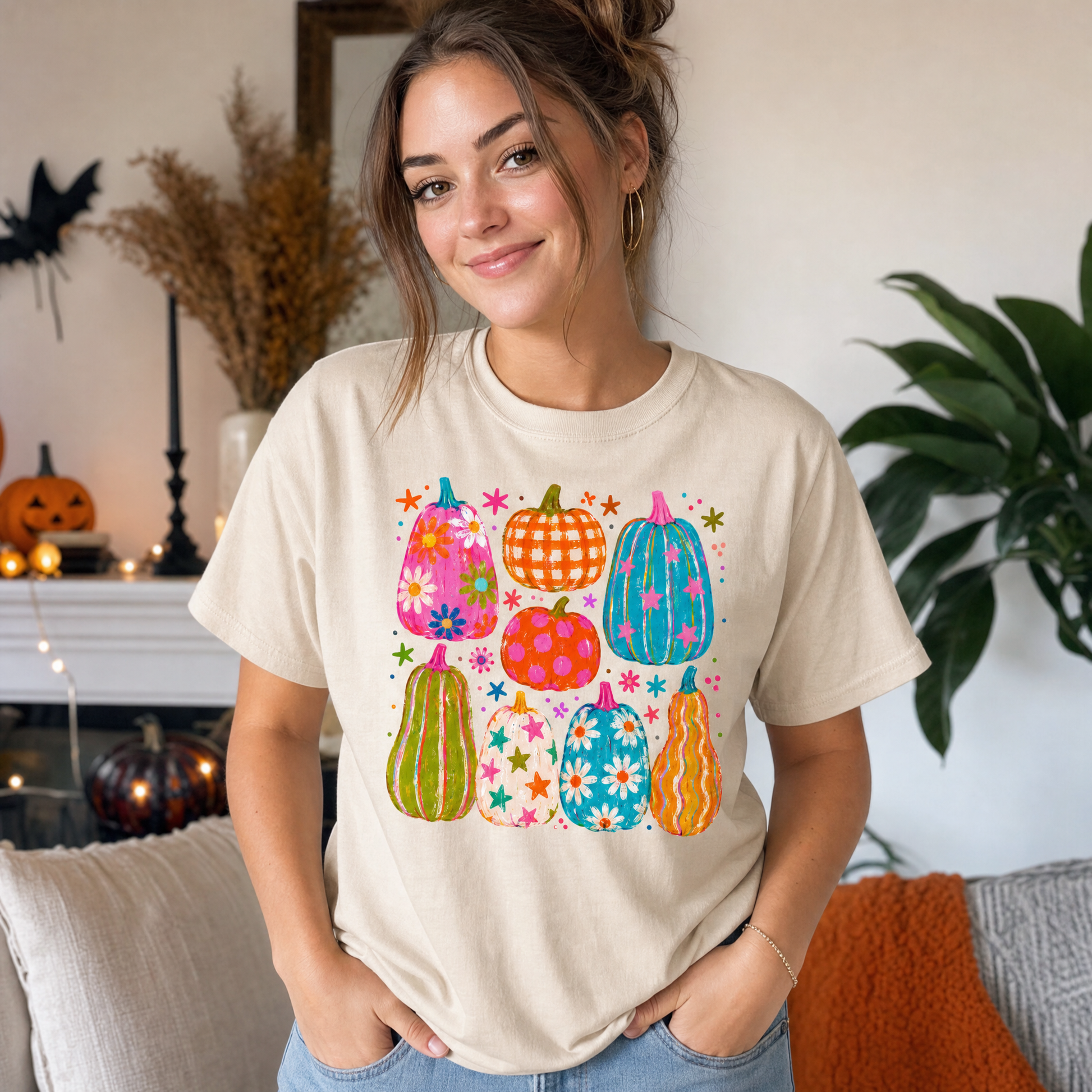 Model wearing the Playful Pumpkins comfort colors tee in Ivory