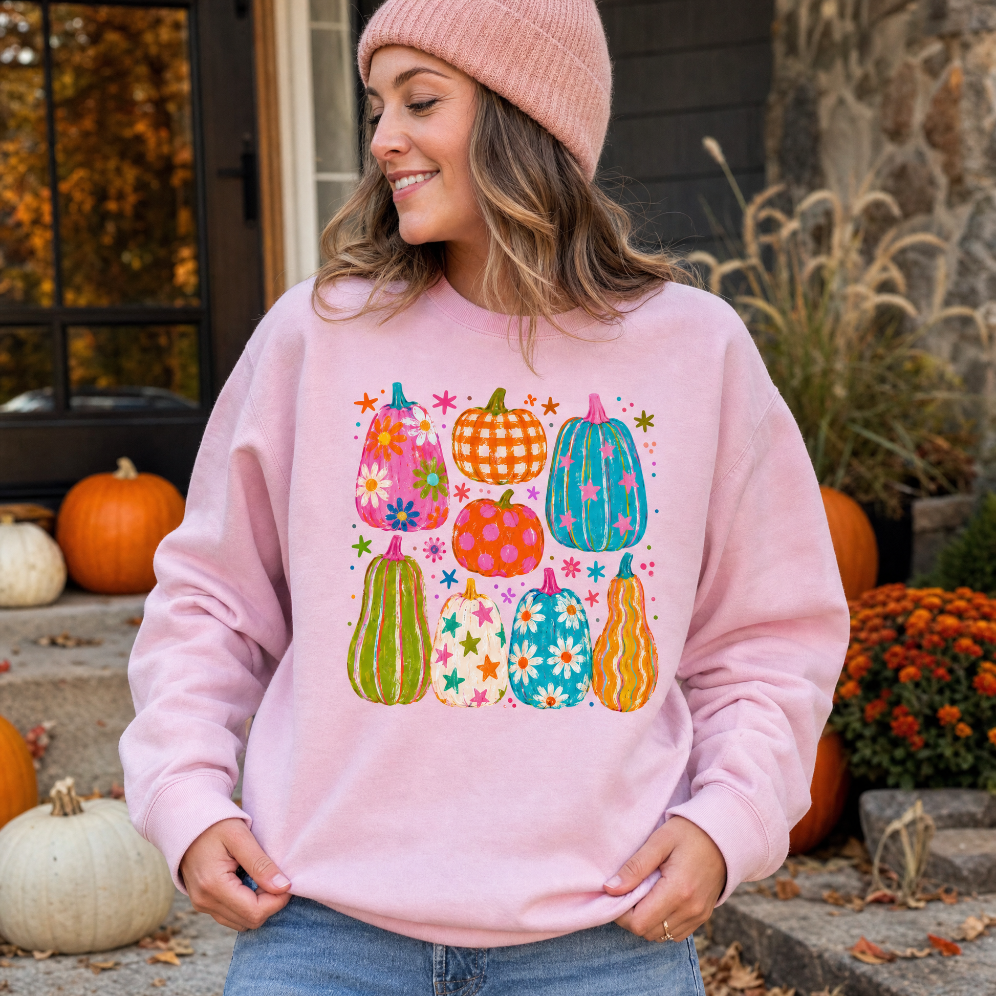 Model wearing the Playful Pumpkins sweatshirt in Light Pink