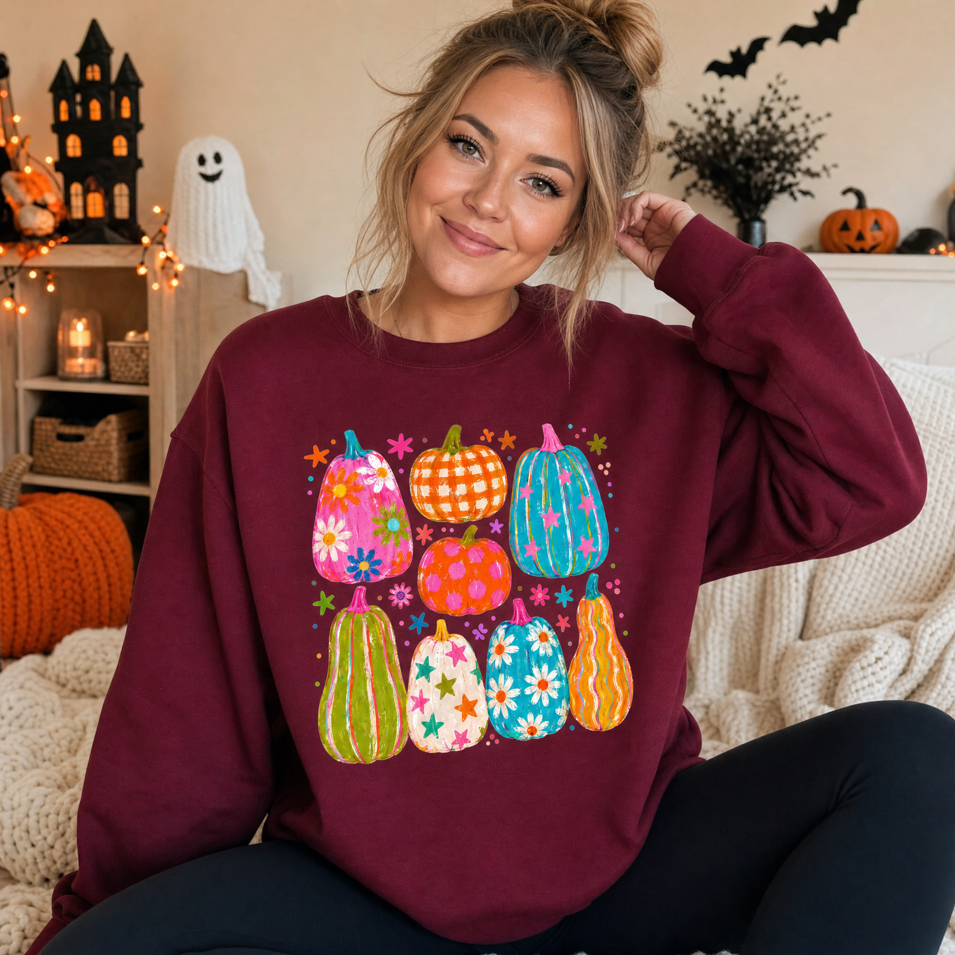Model wearing the Playful Pumpkins sweatshirt in Maroon