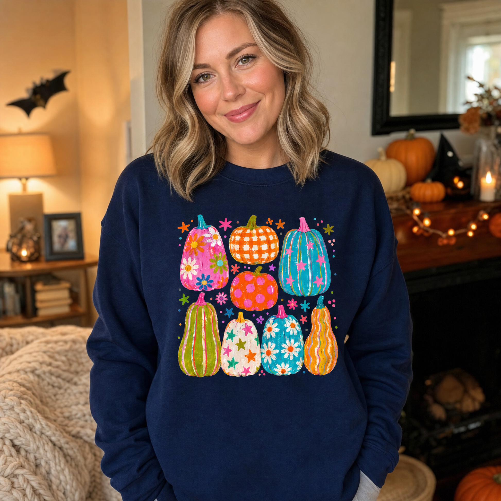 Model wearing the Playful Pumpkins sweatshirt in Navy