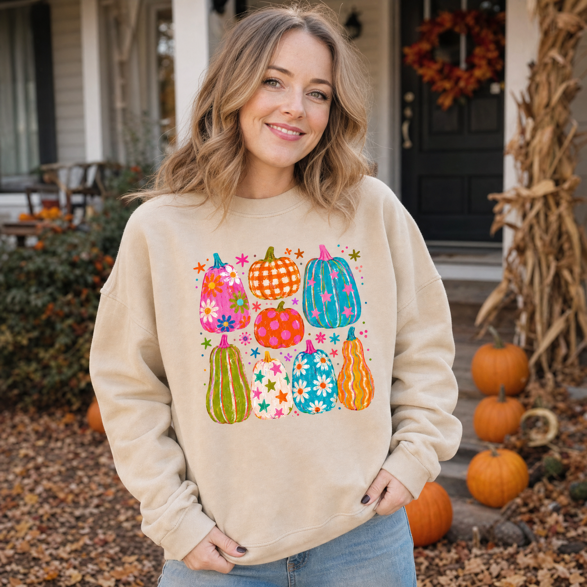 Model wearing the Playful Pumpkins sweatshirt in Sand