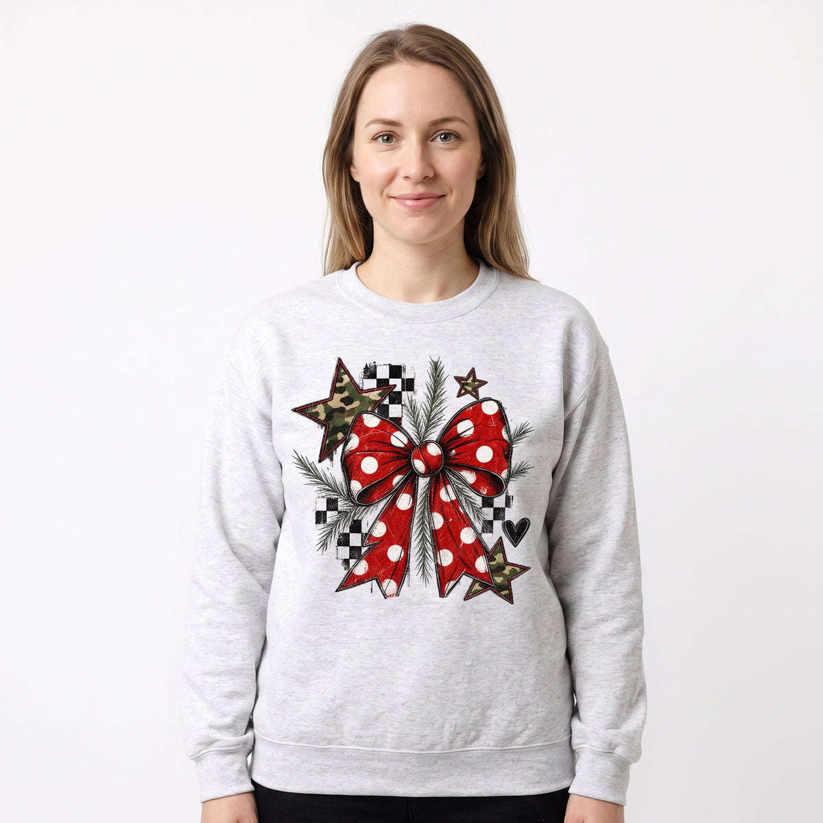 Model wearing the Polka Dot Bow sweatshirt in Ash, cover image 1