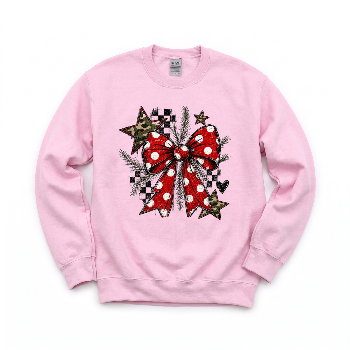 Polka Dot Bow graphic on Gildan 18000 in Light Pink
