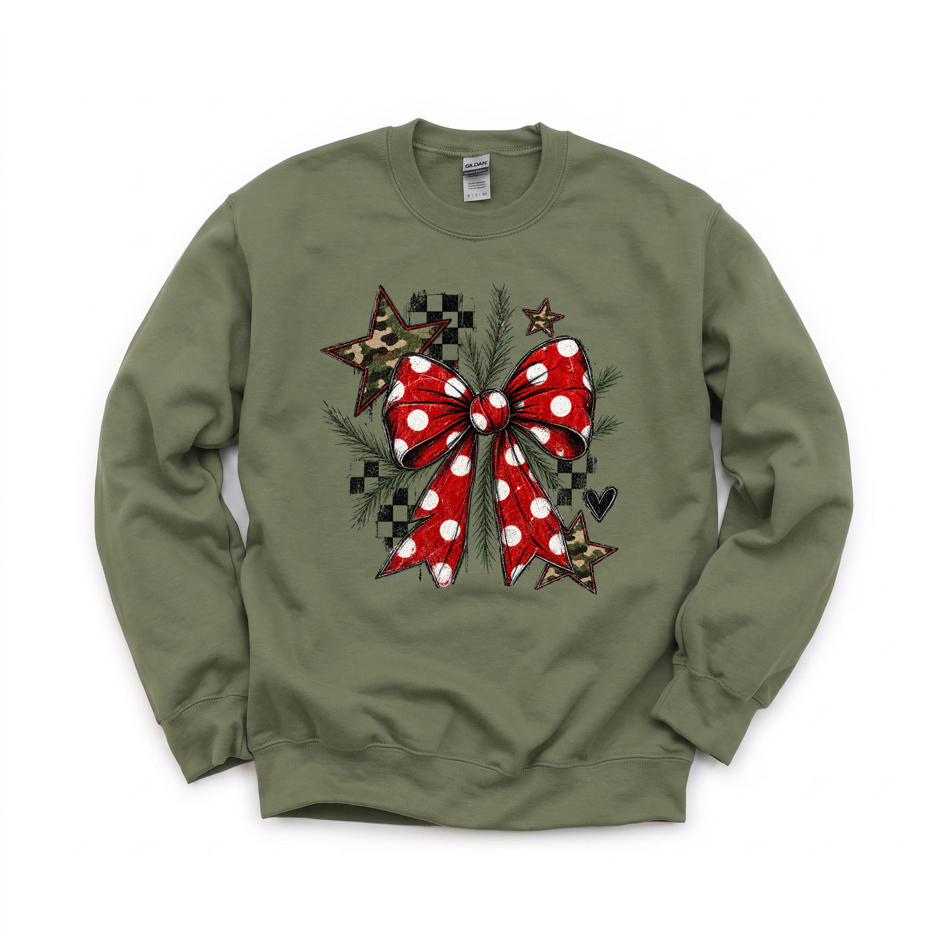 Polka Dot Bow graphic on Gildan 18000 in Military Green