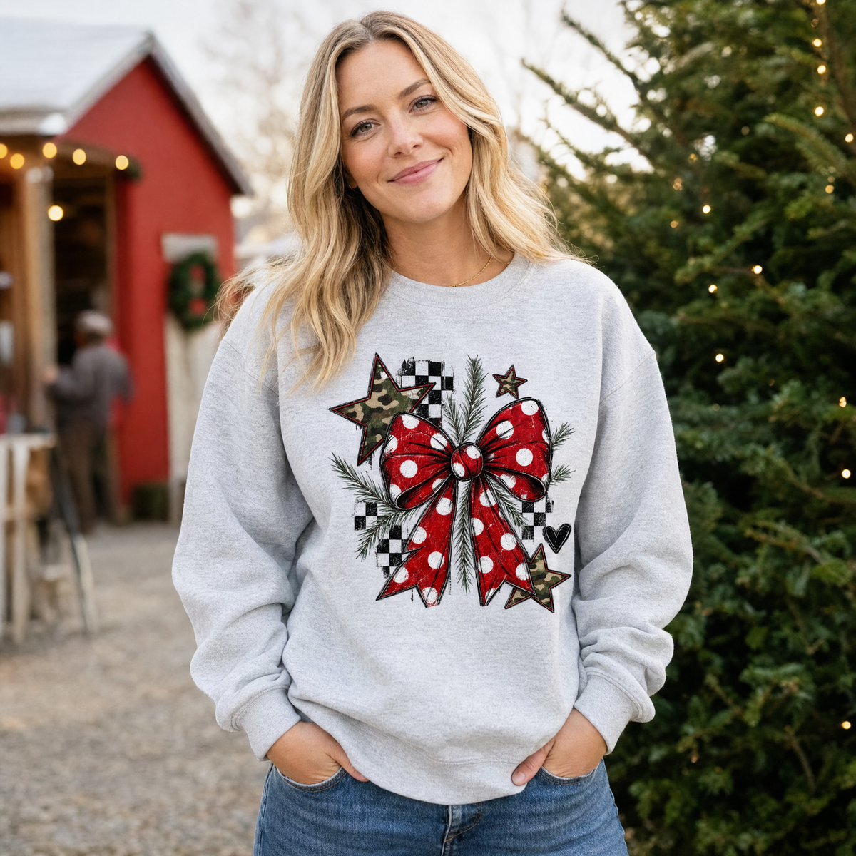 Model wearing the Polka Dot Bow sweatshirt in Ash, lifestyle image 1