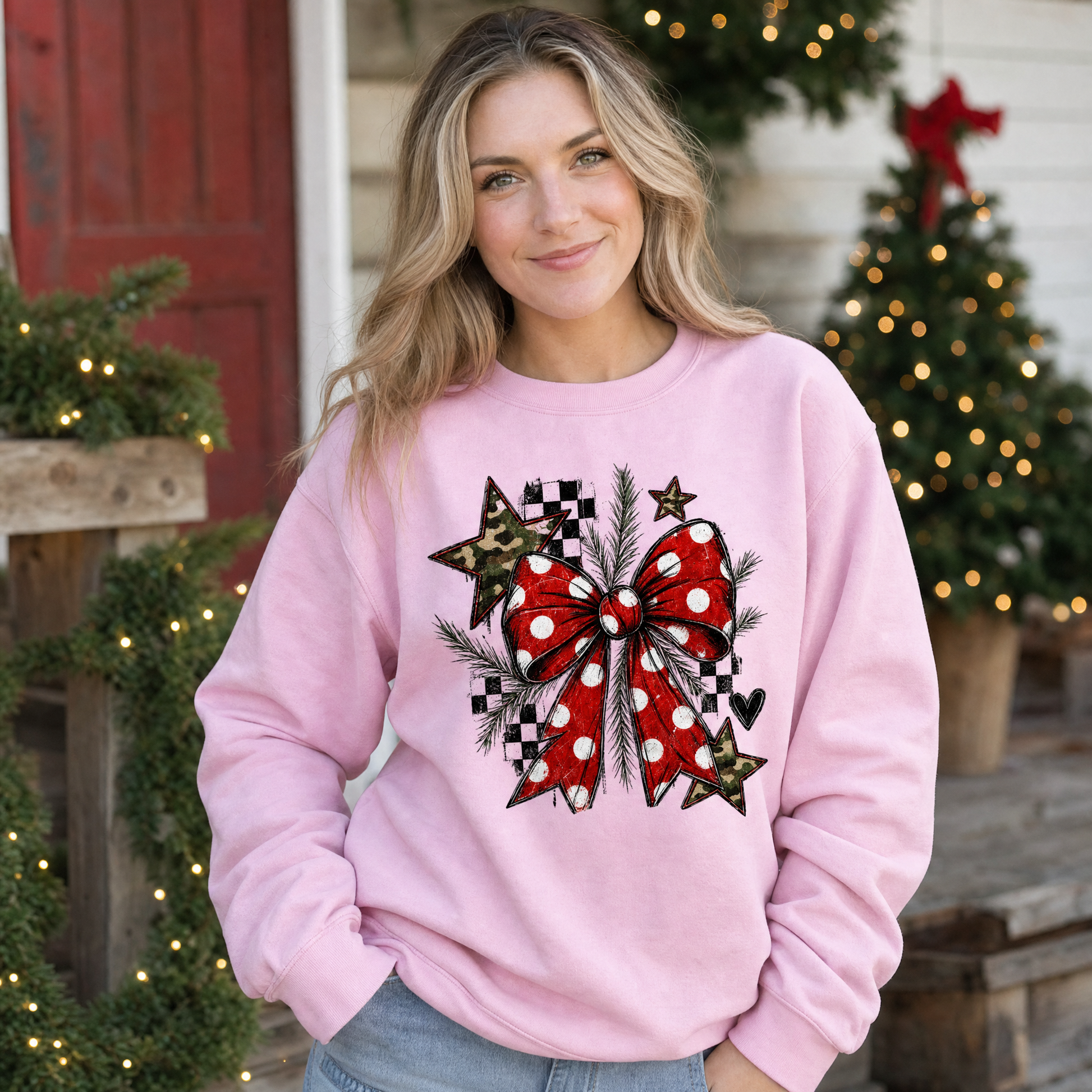Model wearing the Polka Dot Bow sweatshirt in Light Pink
