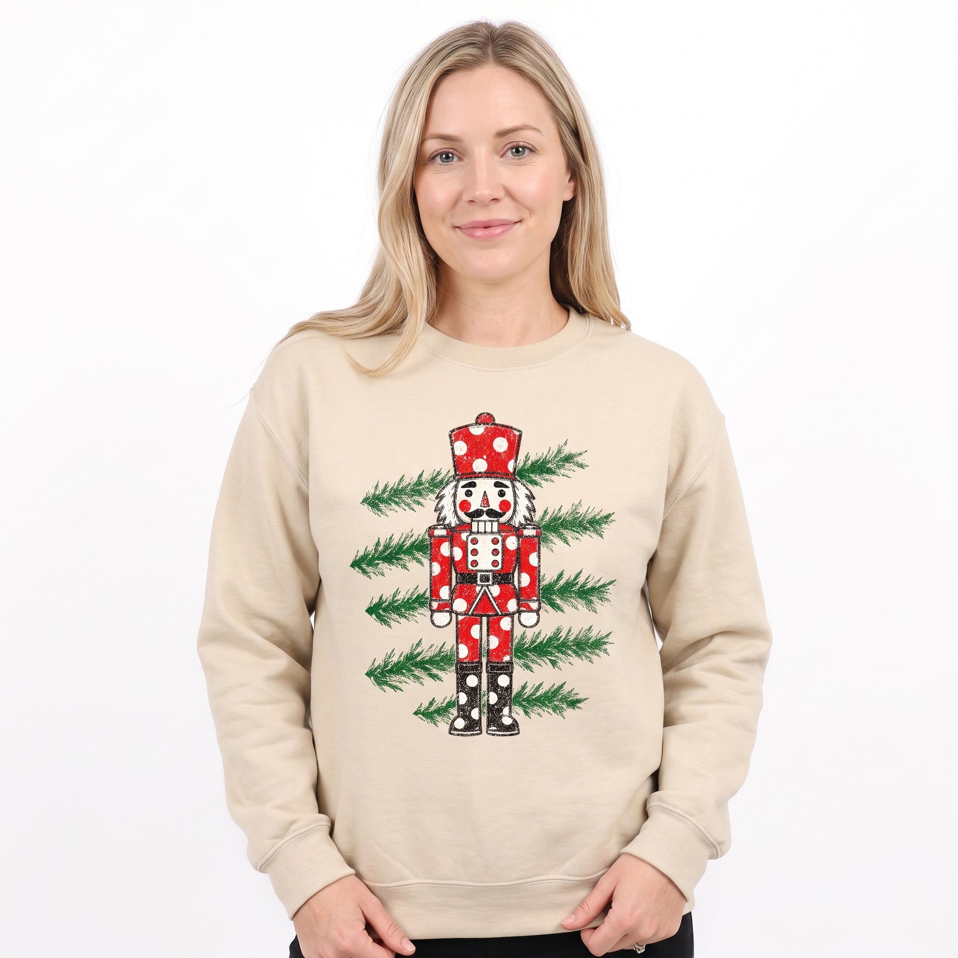 Model wearing the Polka Dot Nutcracker sweatshirt in Sand, cover image 1