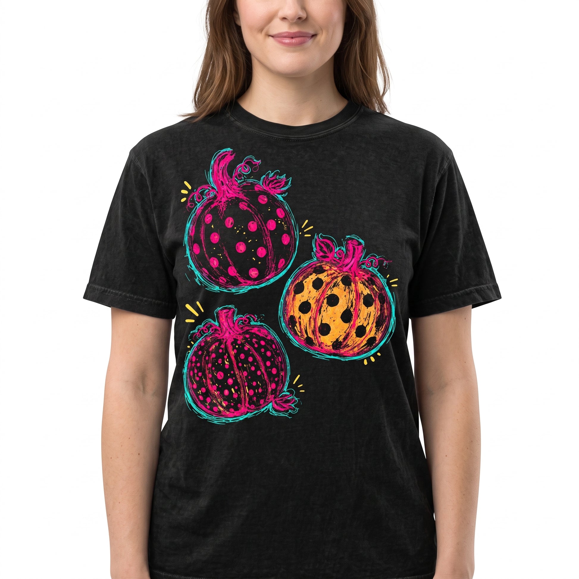 Model wearing the Polka Dot Pumpkins comfort colors tee in Black, cover image 1