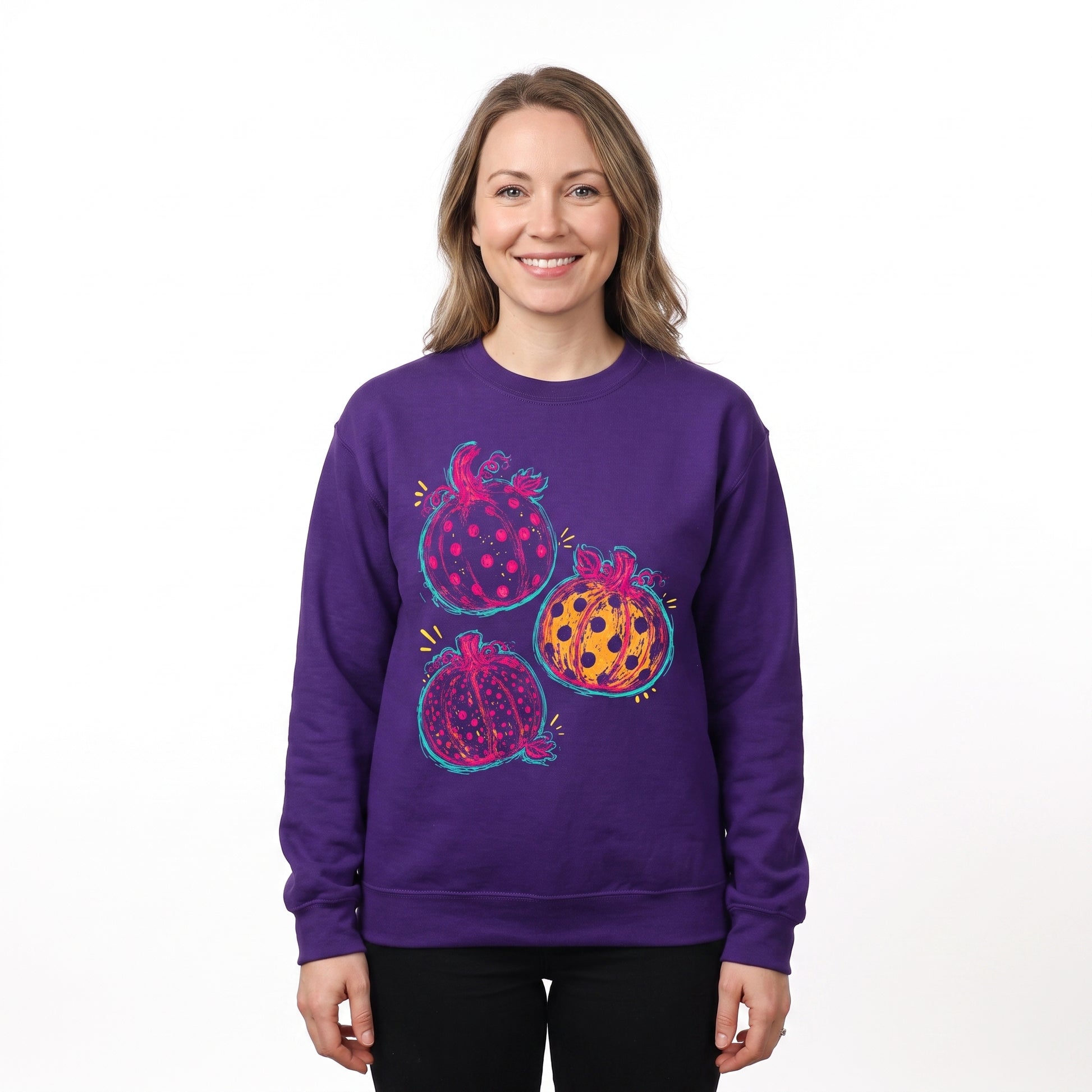 Model wearing the Polka Dot Pumpkins sweatshirt in Purple, cover image 1