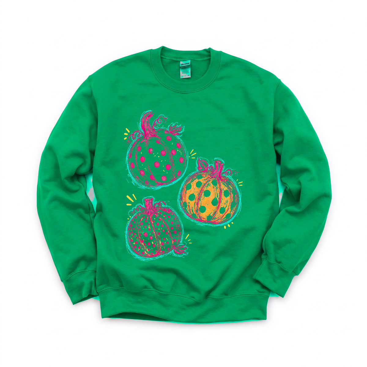 Polka Dot Pumpkins graphic on Gildan 18000 in Irish Green