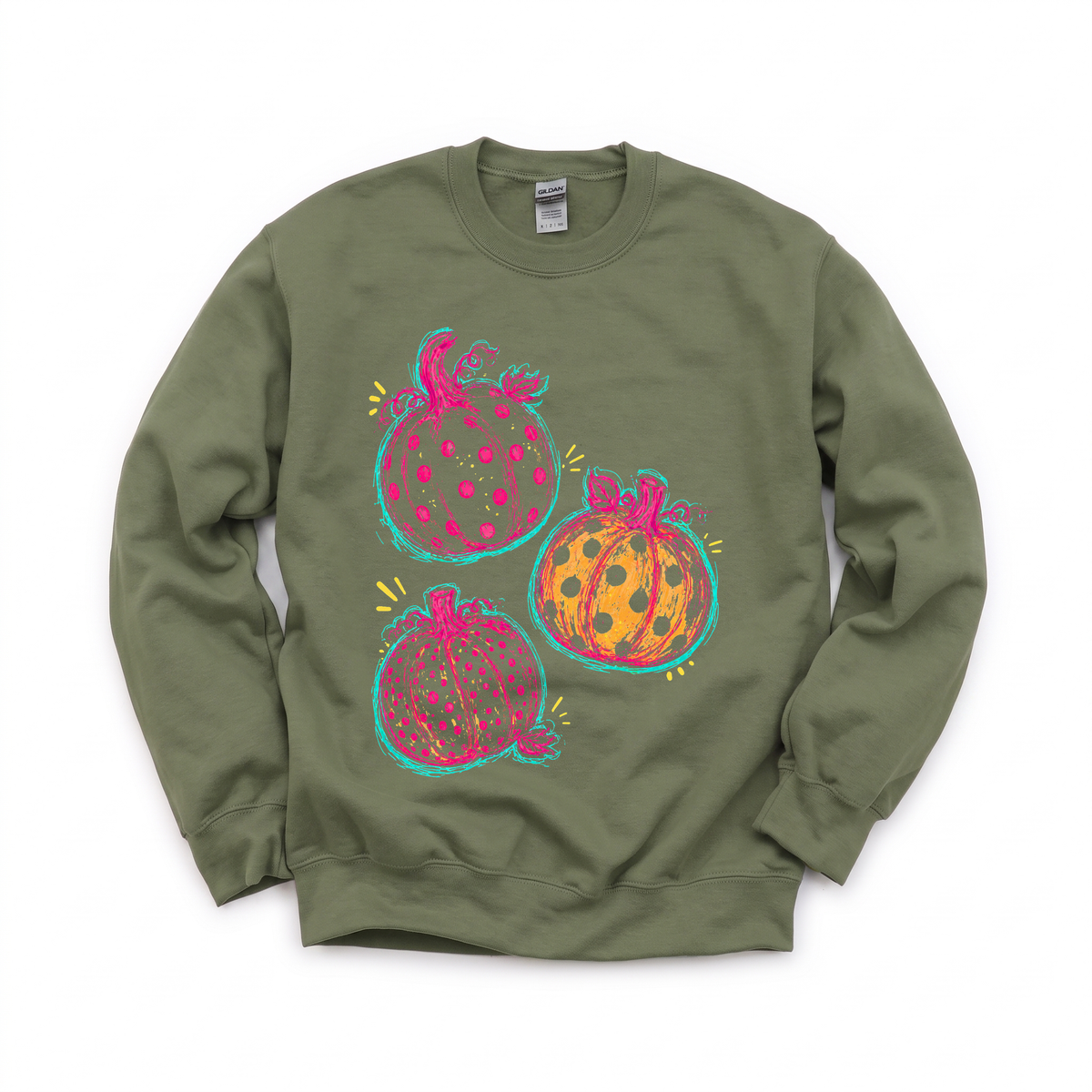 Polka Dot Pumpkins graphic on Gildan 18000 in Military Green