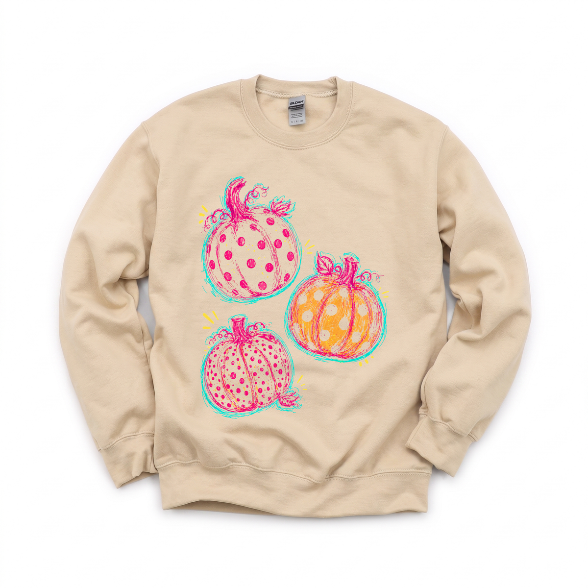 Polka Dot Pumpkins graphic on Gildan 18000 in Sand