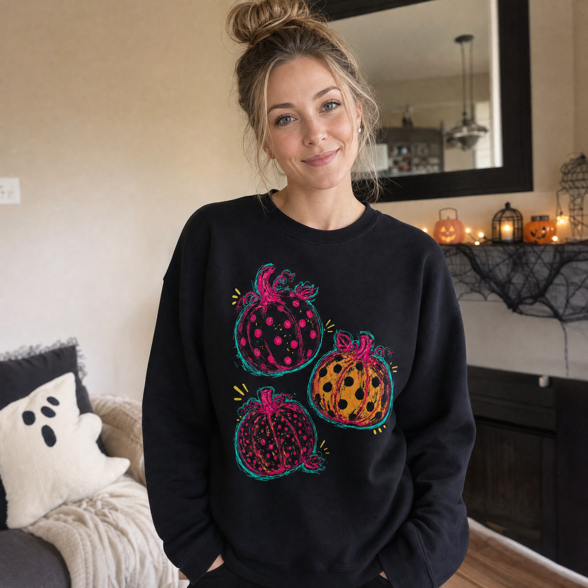 Model wearing the Polka Dot Pumpkins sweatshirt in Black