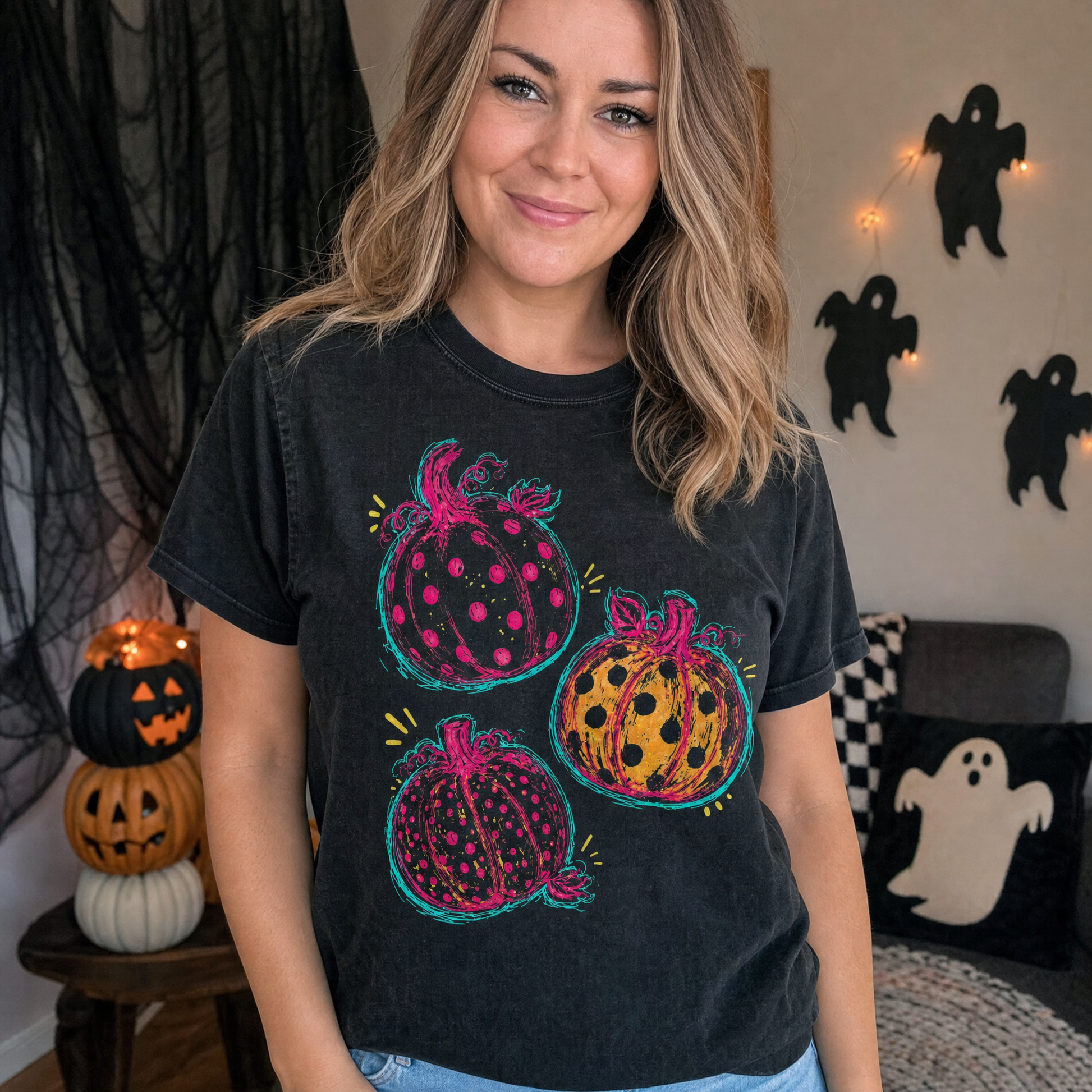 Model wearing the Polka Dot Pumpkins comfort colors tee in Black, lifestyle image 1