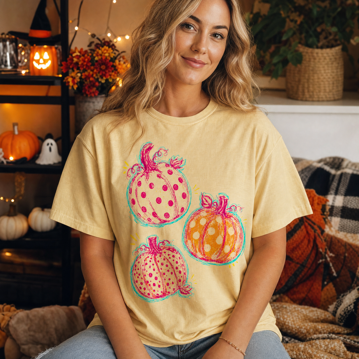 Model wearing the Polka Dot Pumpkins comfort colors tee in Butter