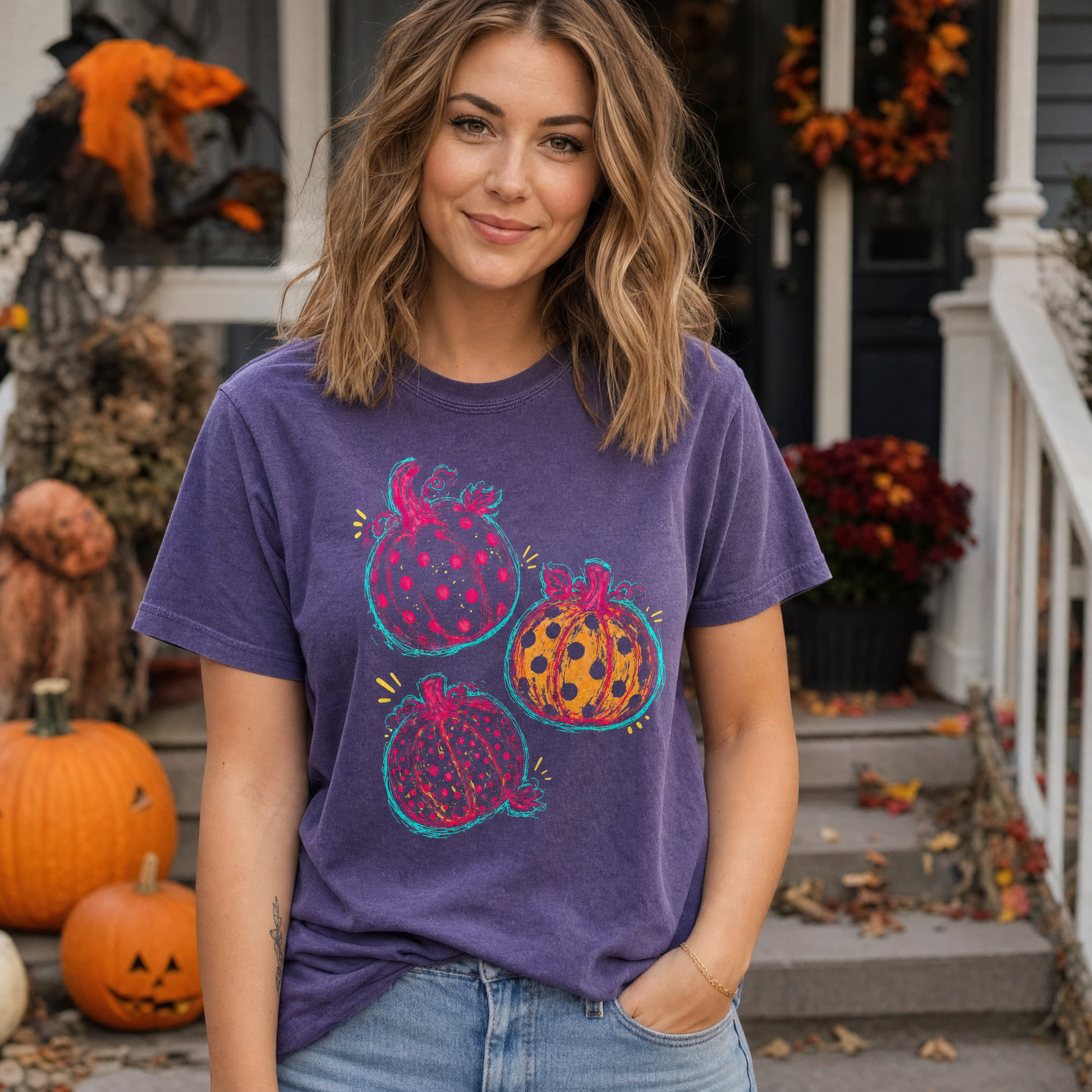 Model wearing the Polka Dot Pumpkins comfort colors tee in Grape