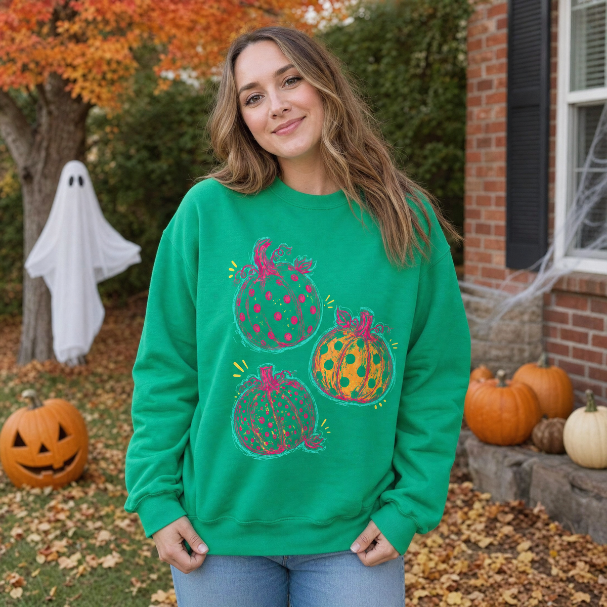 Model wearing the Polka Dot Pumpkins sweatshirt in Irish Green