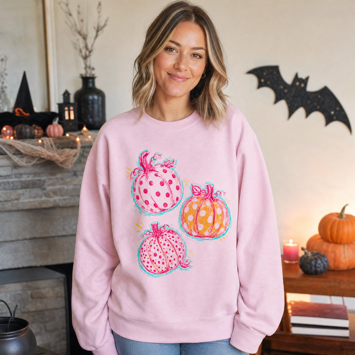 Model wearing the Polka Dot Pumpkins sweatshirt in Light Pink