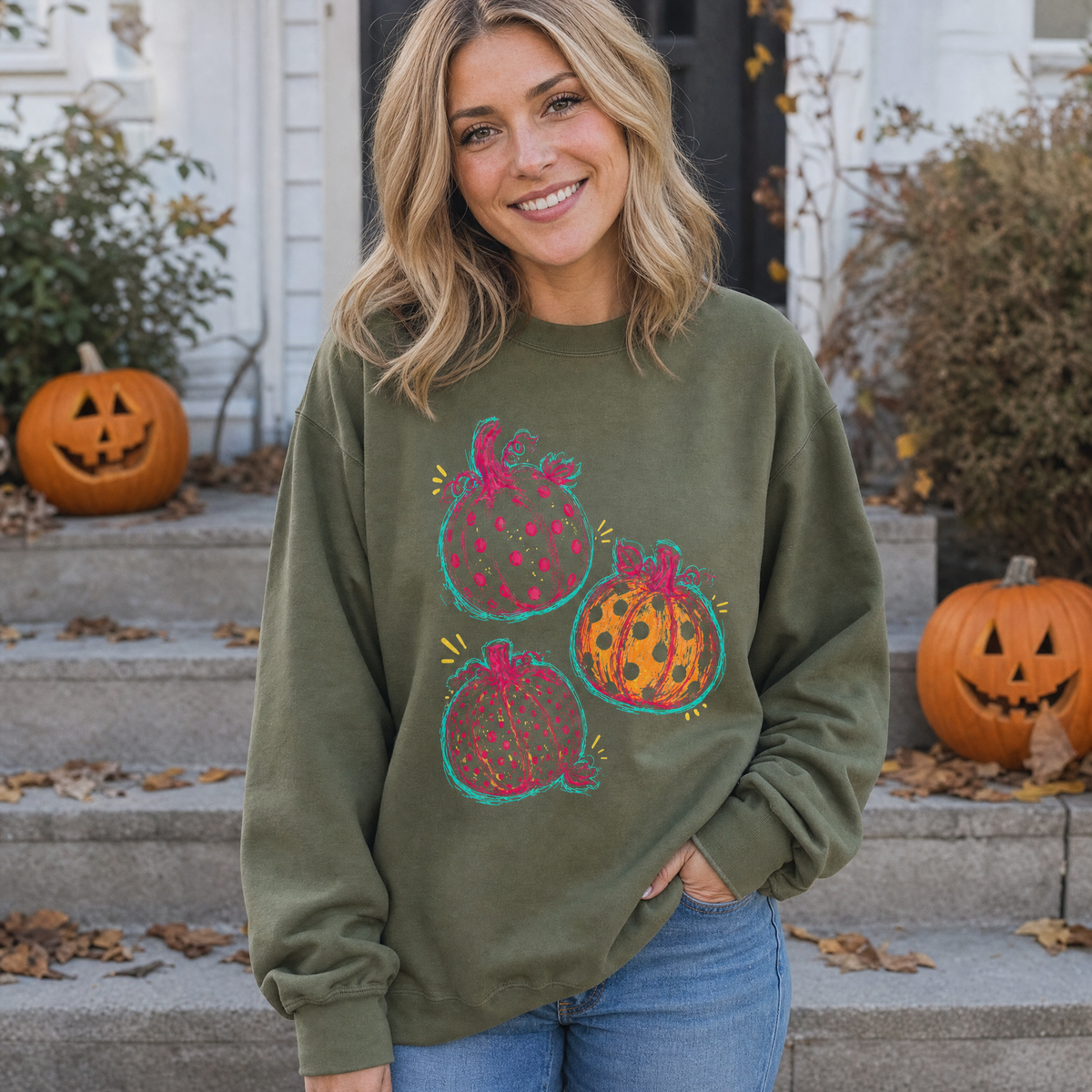 Model wearing the Polka Dot Pumpkins sweatshirt in Military Green