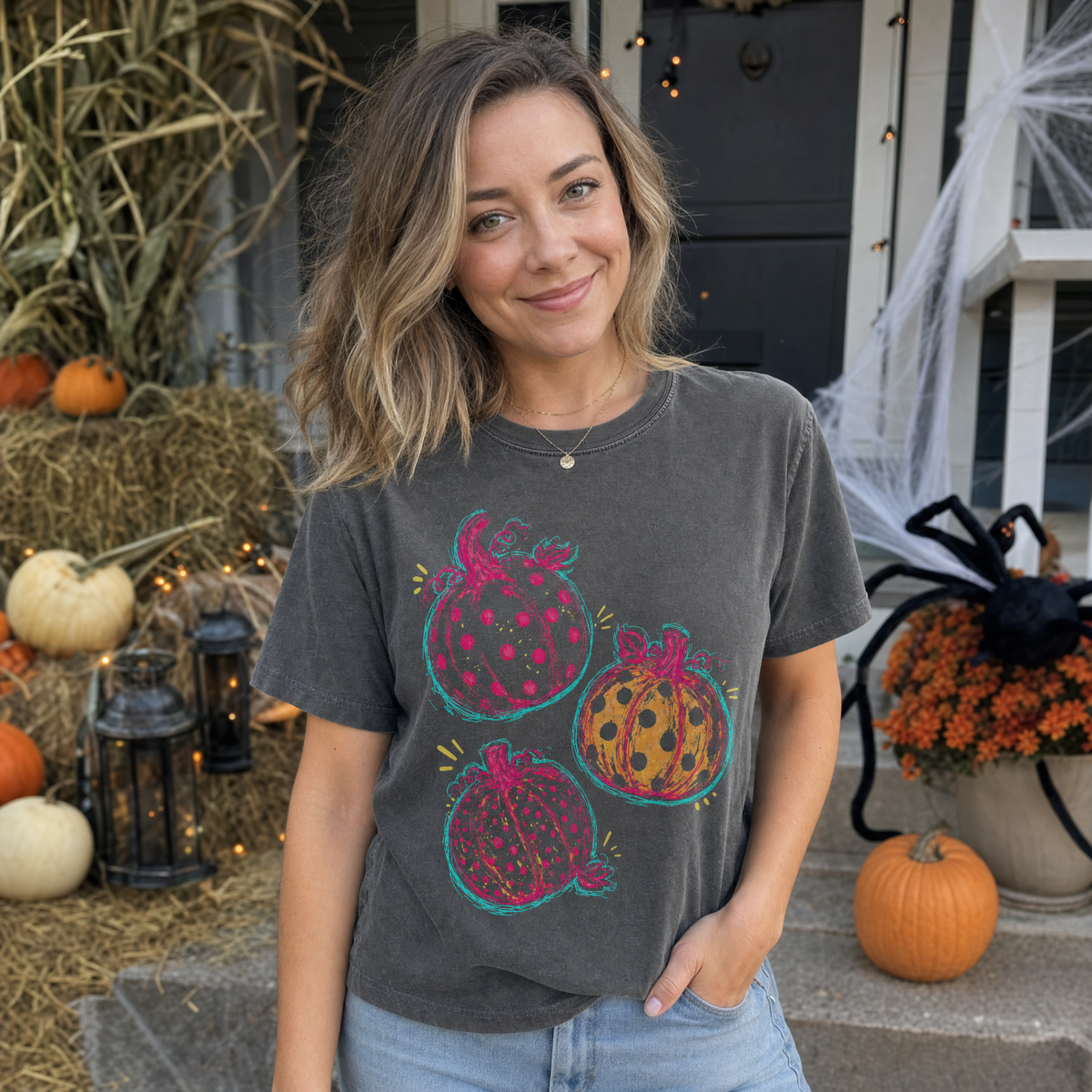 Model wearing the Polka Dot Pumpkins comfort colors tee in Pepper