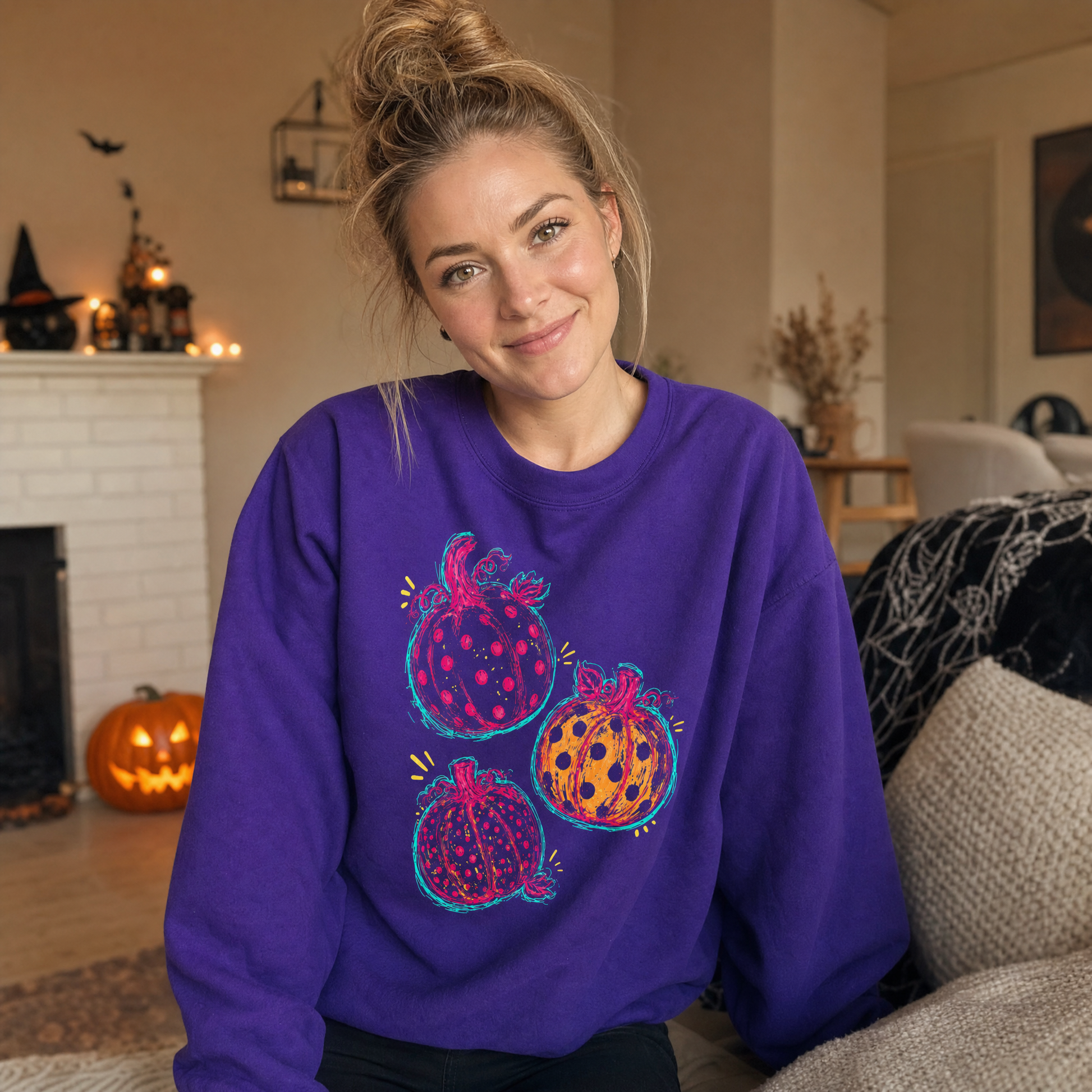 Model wearing the Polka Dot Pumpkins sweatshirt in Purple, lifestyle image 1