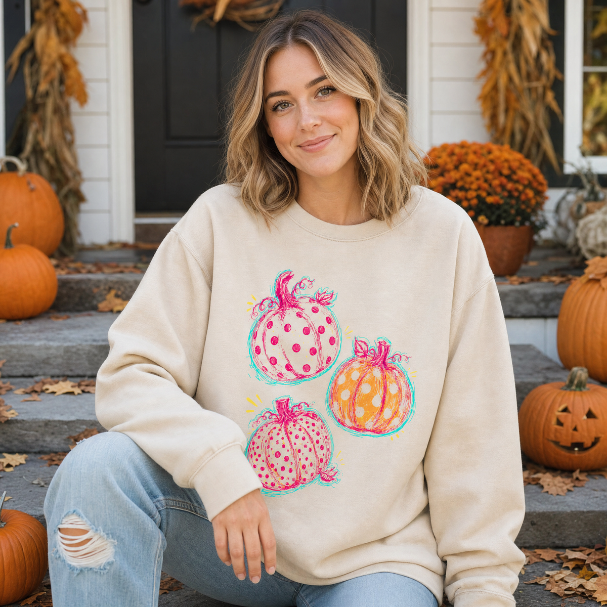 Model wearing the Polka Dot Pumpkins sweatshirt in Sand