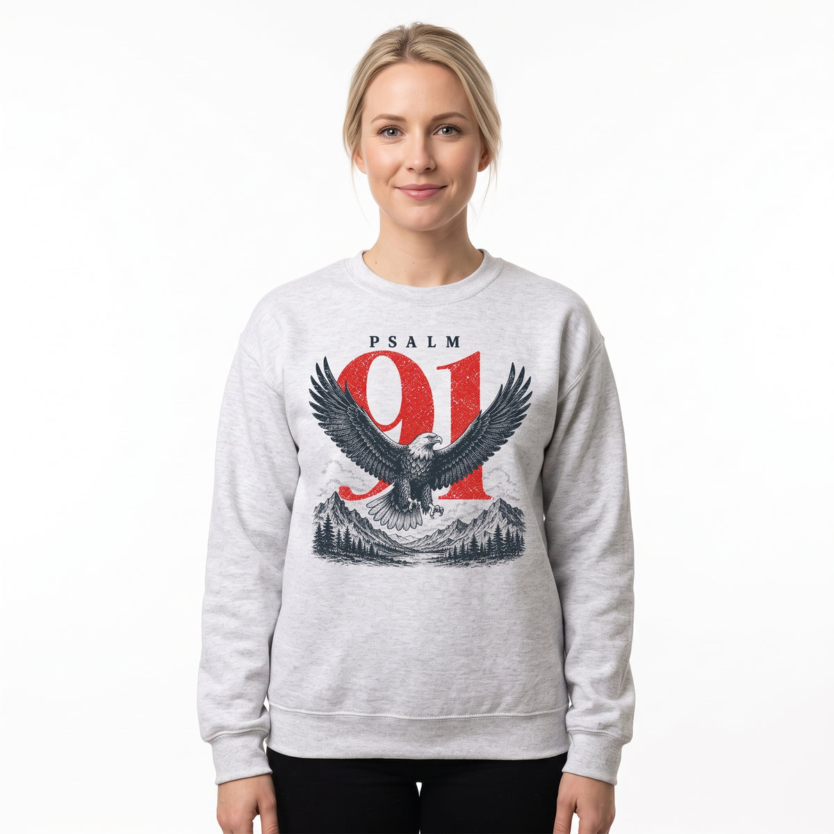 Model wearing the Psalm 91 Eagle sweatshirt in Ash, cover image 1