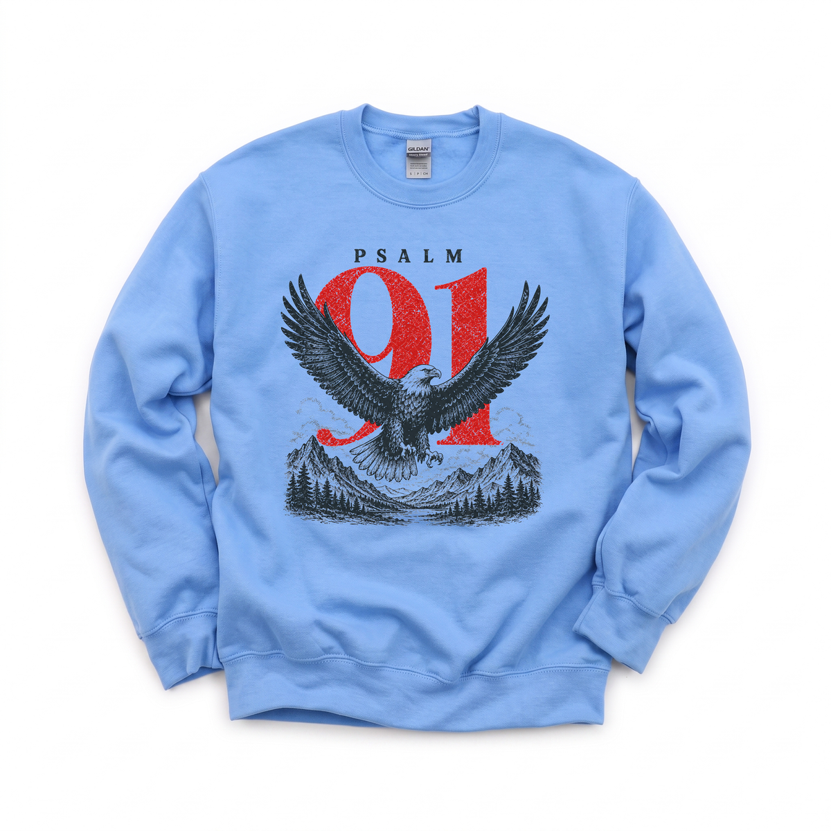 Psalm 91 Eagle graphic on Gildan 18000 in Carolina Blue