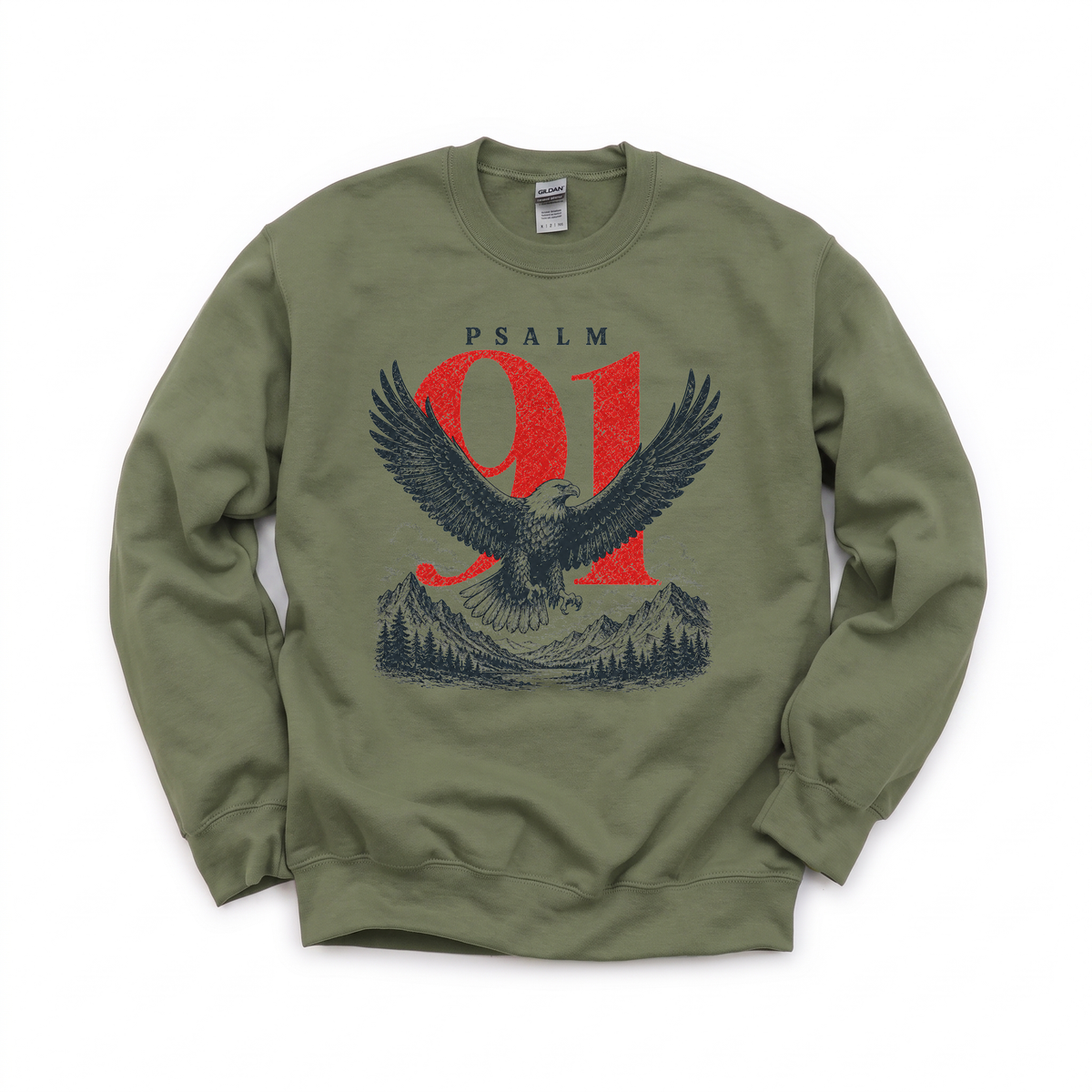 Psalm 91 Eagle graphic on Gildan 18000 in Military Green