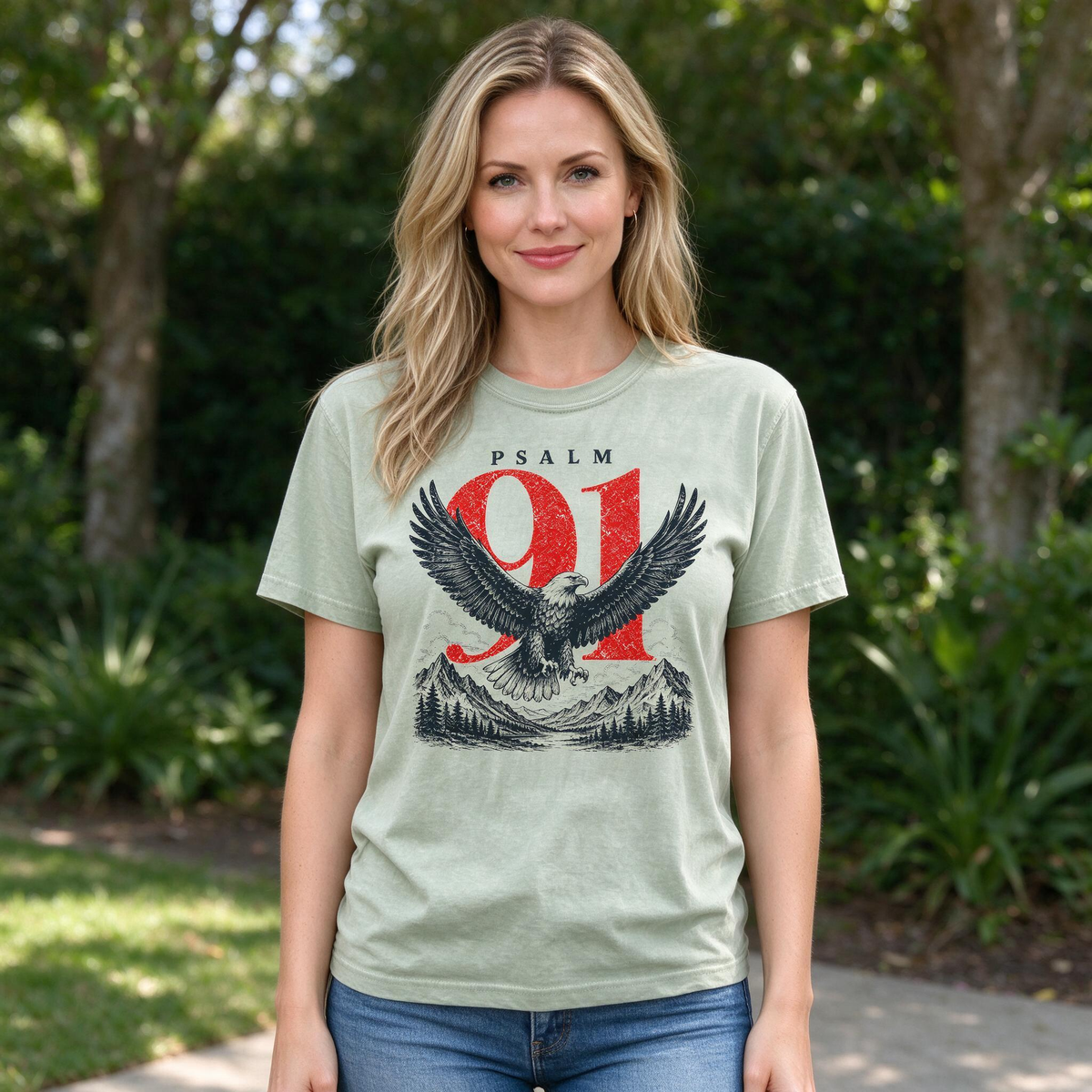 Model wearing the Psalm 91 Eagle comfort colors tee in Bay