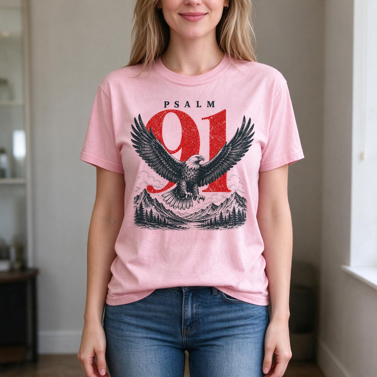 Model wearing the Psalm 91 Eagle comfort colors tee in Blossom
