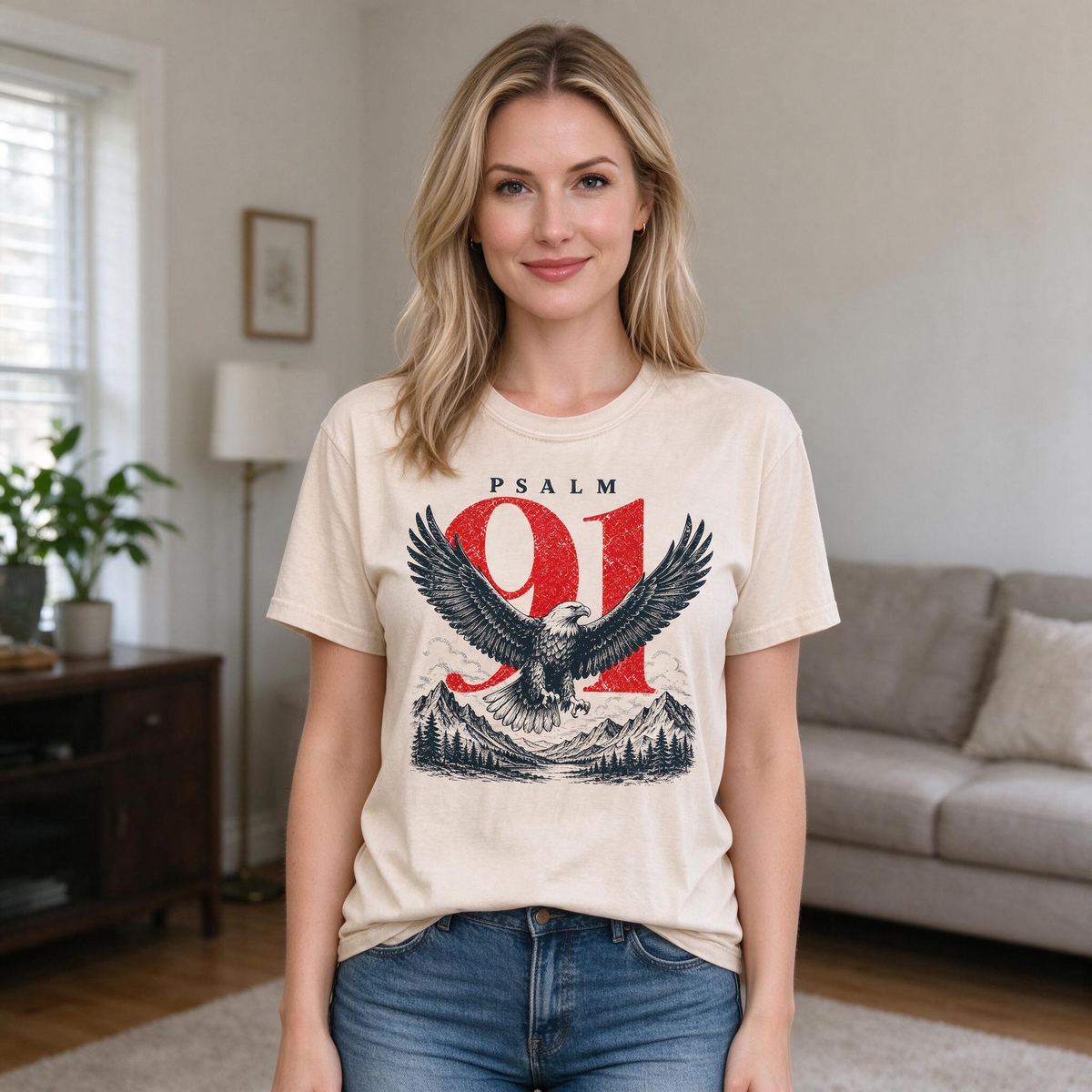 Model wearing the Psalm 91 Eagle comfort colors tee in Ivory, lifestyle image 1