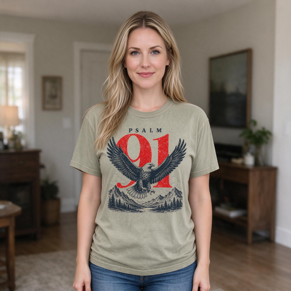 Model wearing the Psalm 91 Eagle comfort colors tee in Khaki