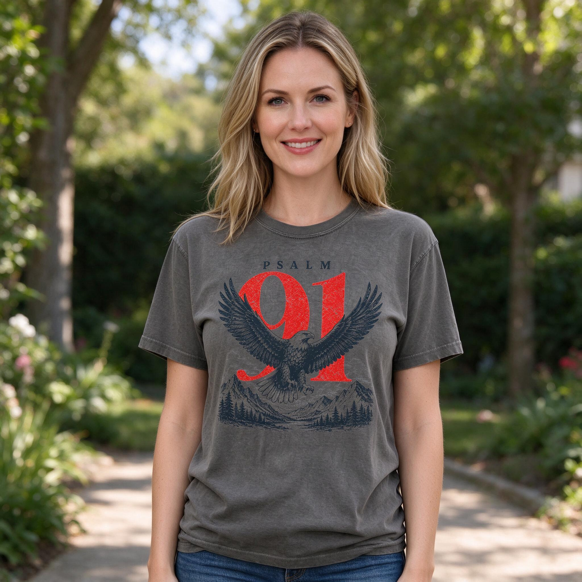 Model wearing the Psalm 91 Eagle comfort colors tee in Pepper