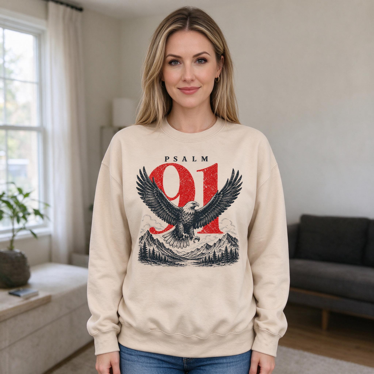 Model wearing the Psalm 91 Eagle sweatshirt in Sand
