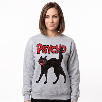 Model wearing the Psycho Black Cat sweatshirt in Sport Grey, cover image 1