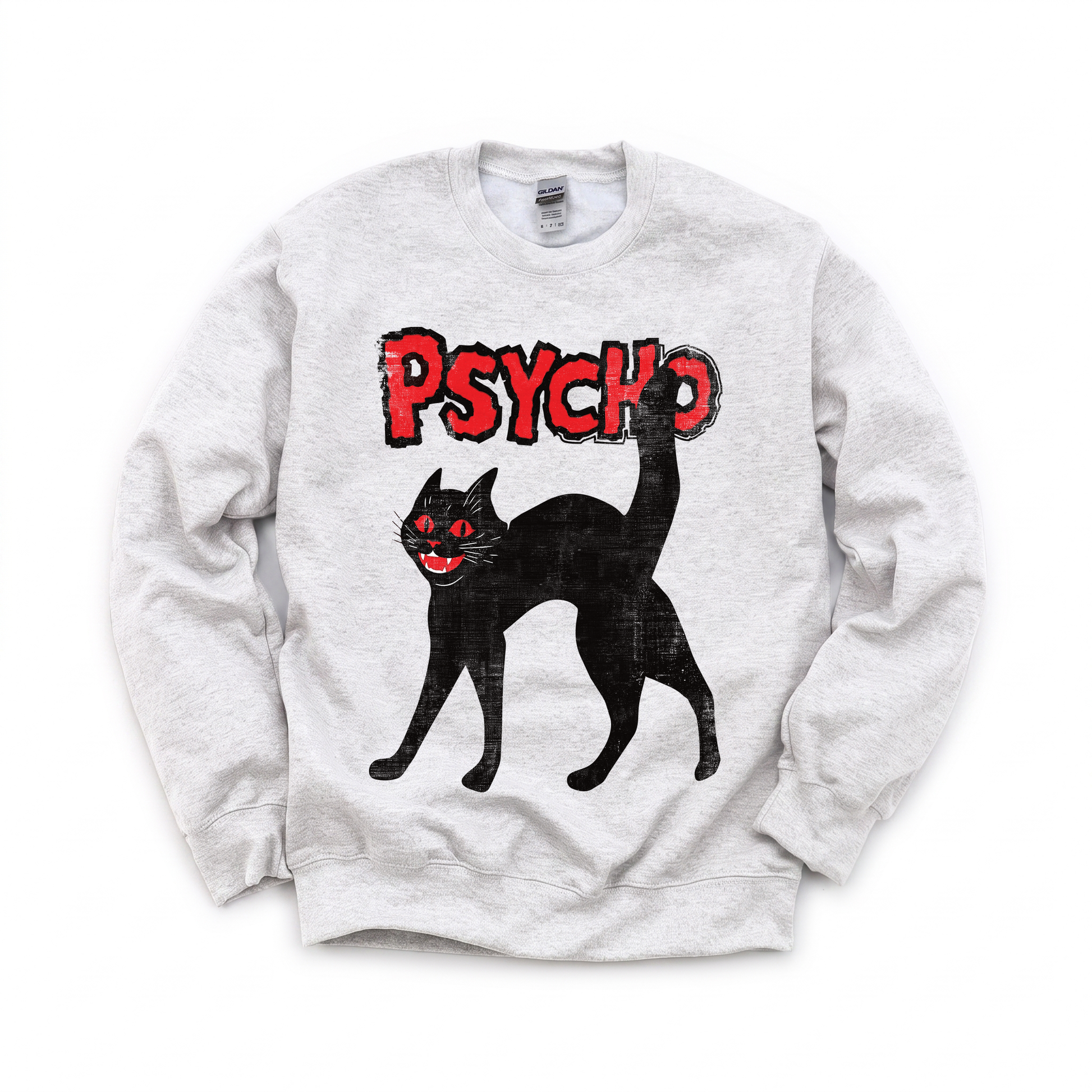 Psycho Black Cat graphic on Gildan 18000 in Ash