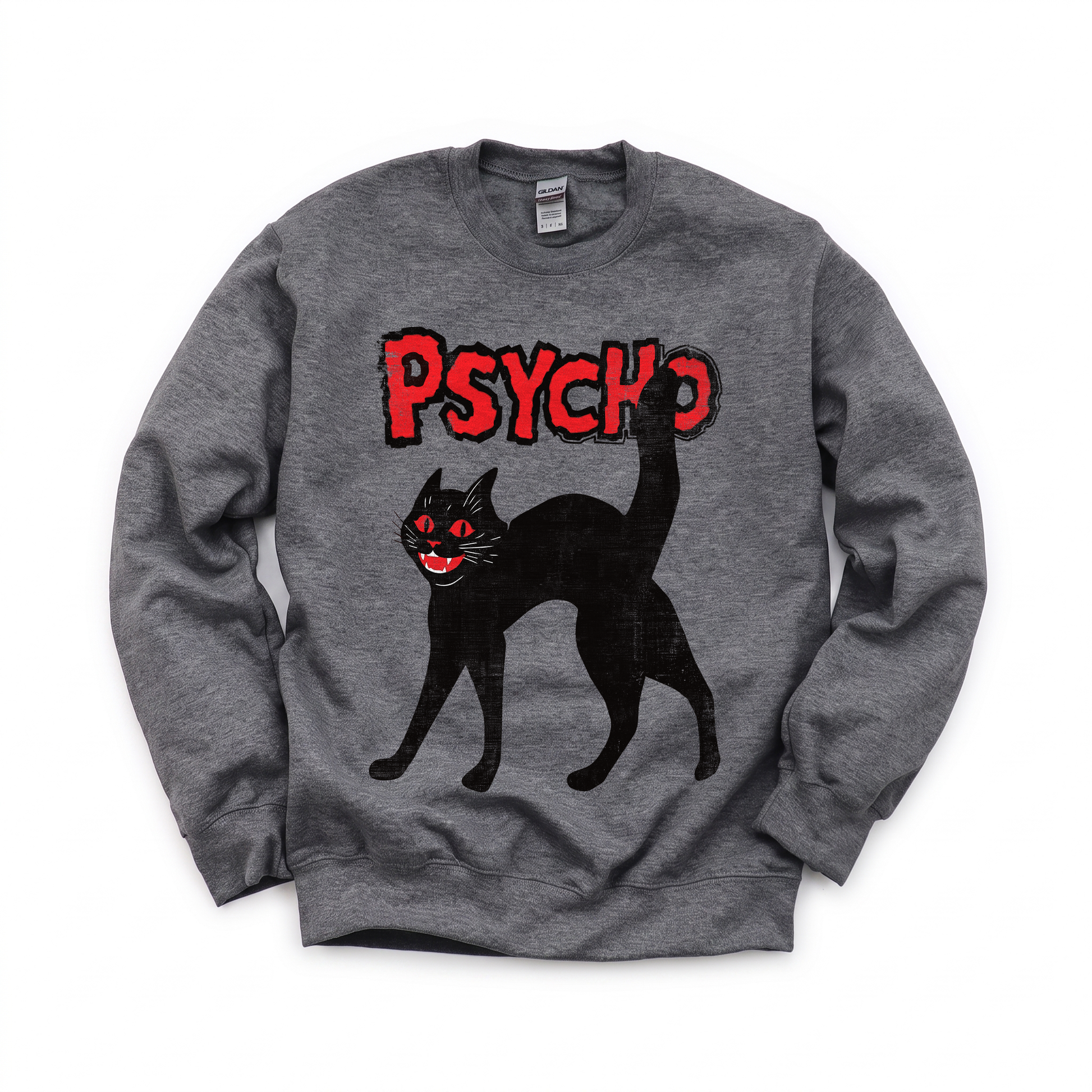 Psycho Black Cat graphic on Gildan 18000 in Dark Heather