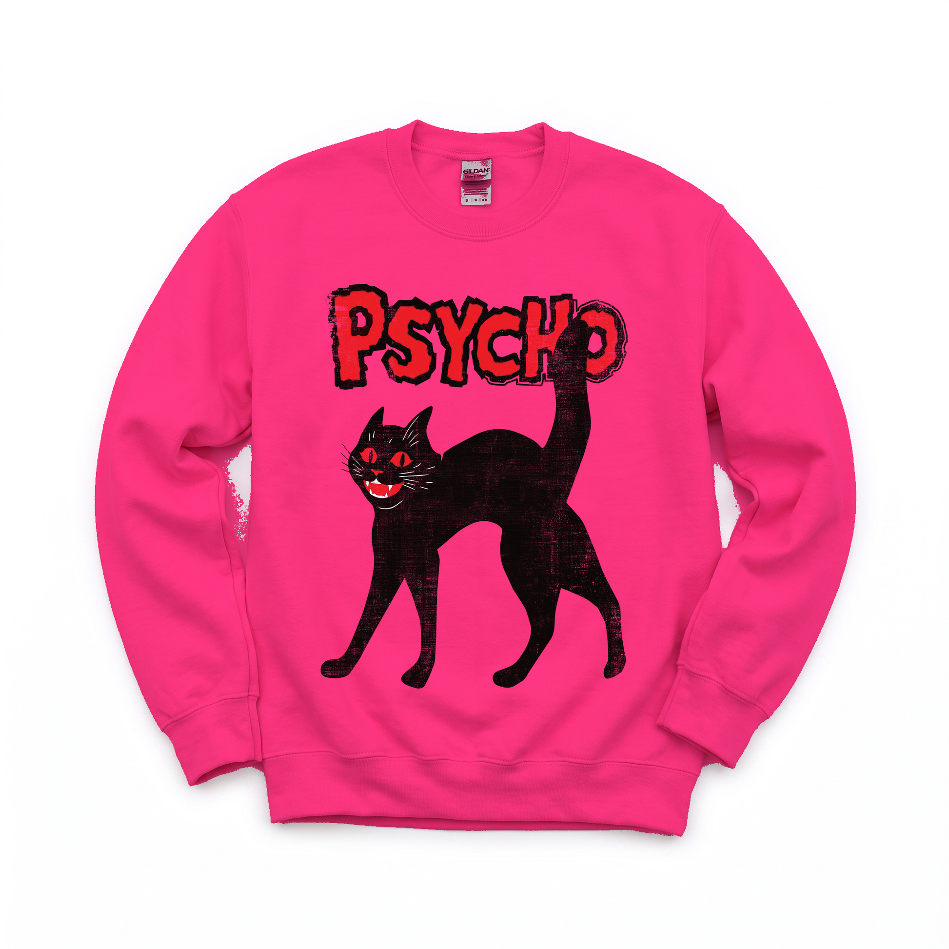 Psycho Black Cat graphic on Gildan 18000 in Heliconia