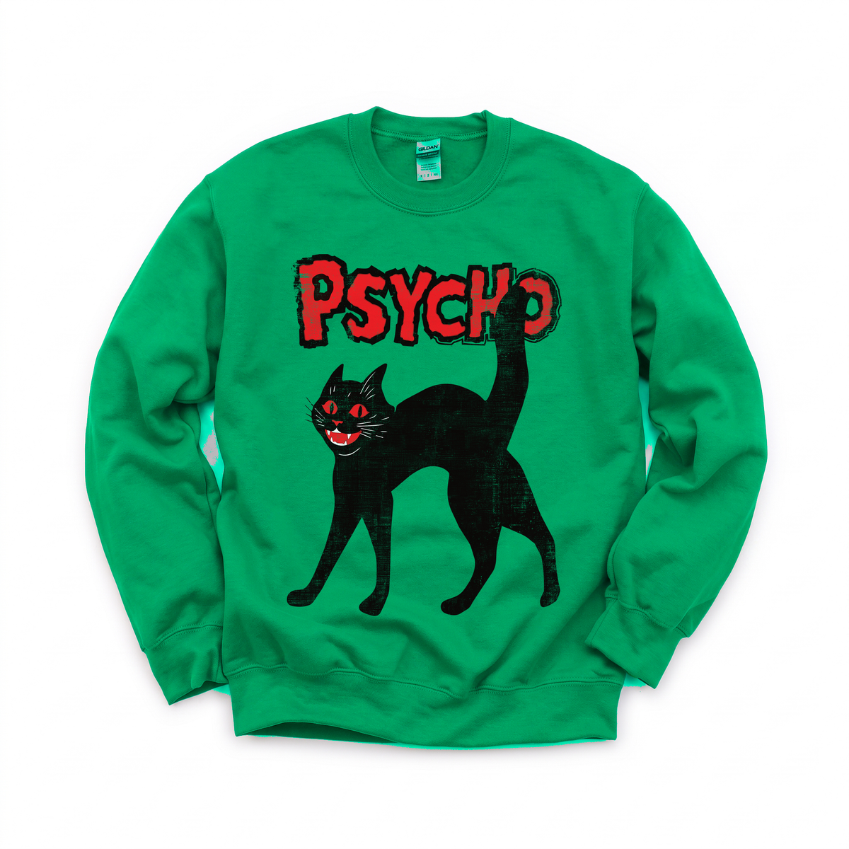 Psycho Black Cat graphic on Gildan 18000 in Irish Green