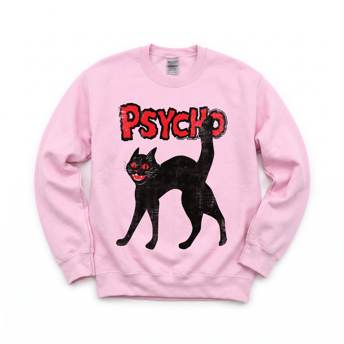 Psycho Black Cat graphic on Gildan 18000 in Light Pink