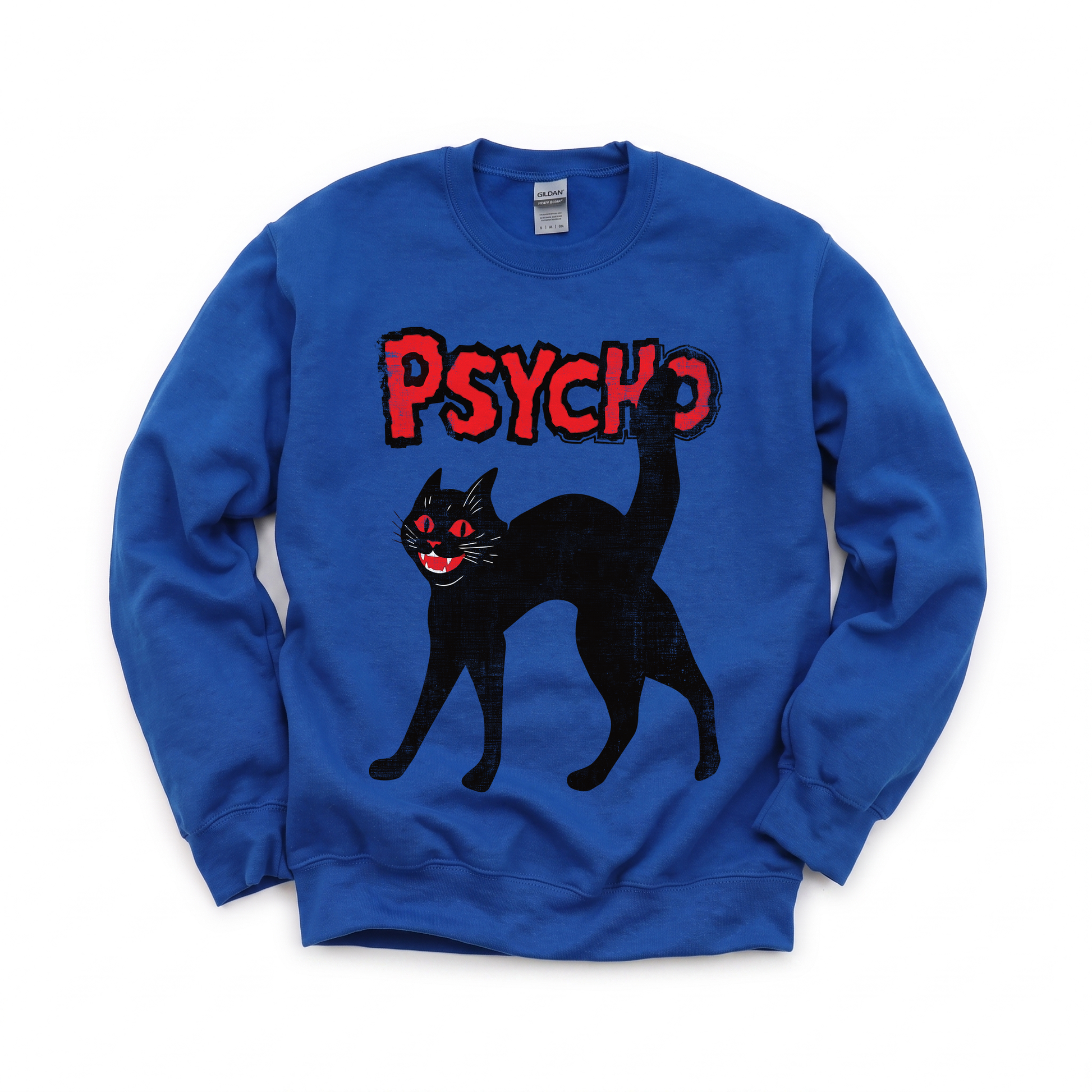 Psycho Black Cat graphic on Gildan 18000 in Royal