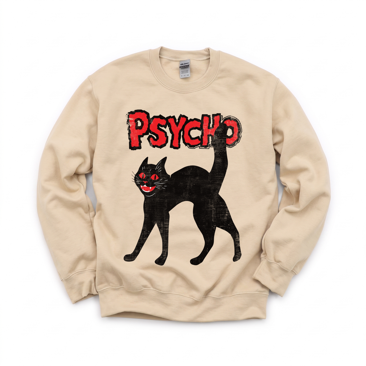 Psycho Black Cat graphic on Gildan 18000 in Sand