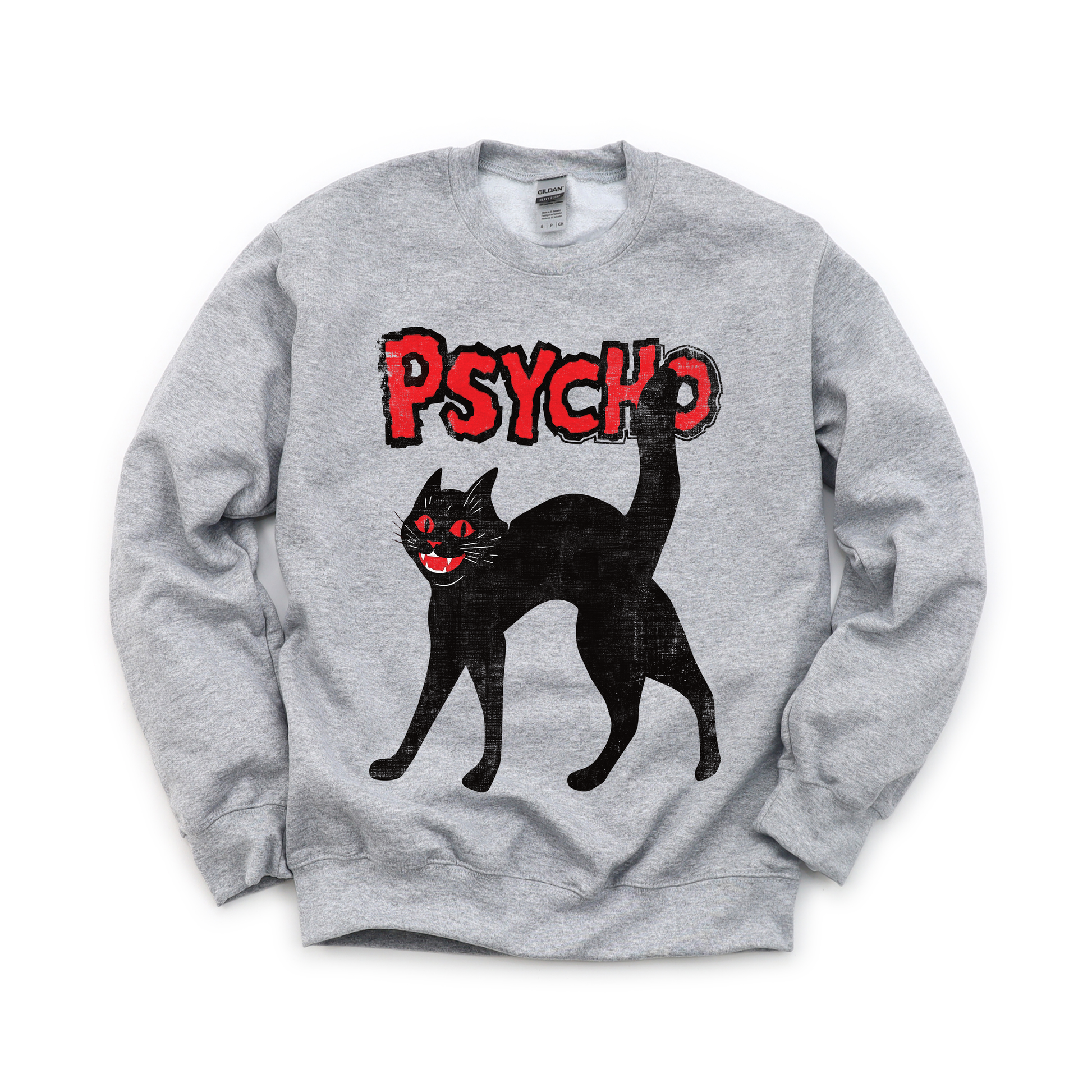 Psycho Black Cat graphic on Gildan 18000 in Sport Grey