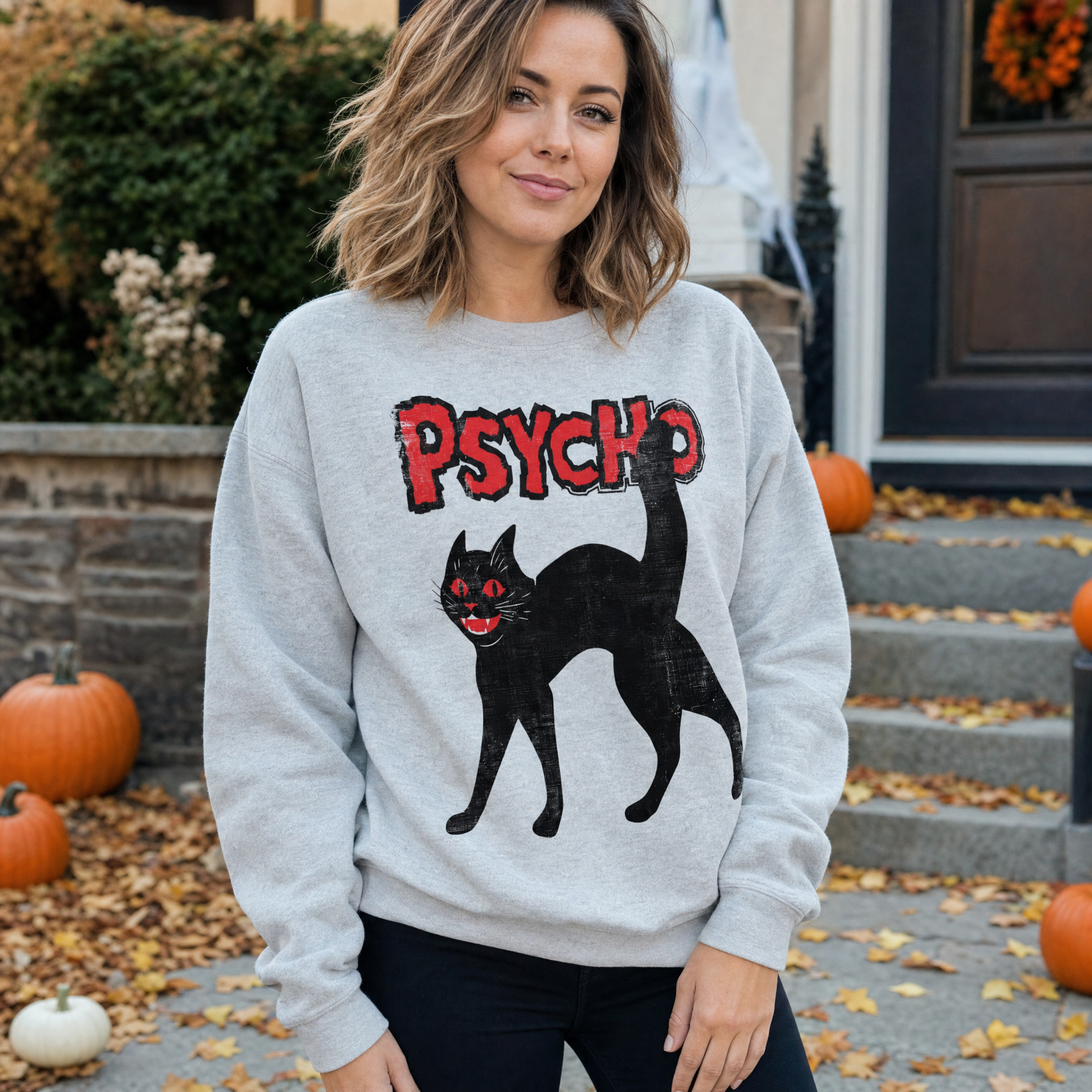 Model wearing the Psycho Black Cat sweatshirt in Ash