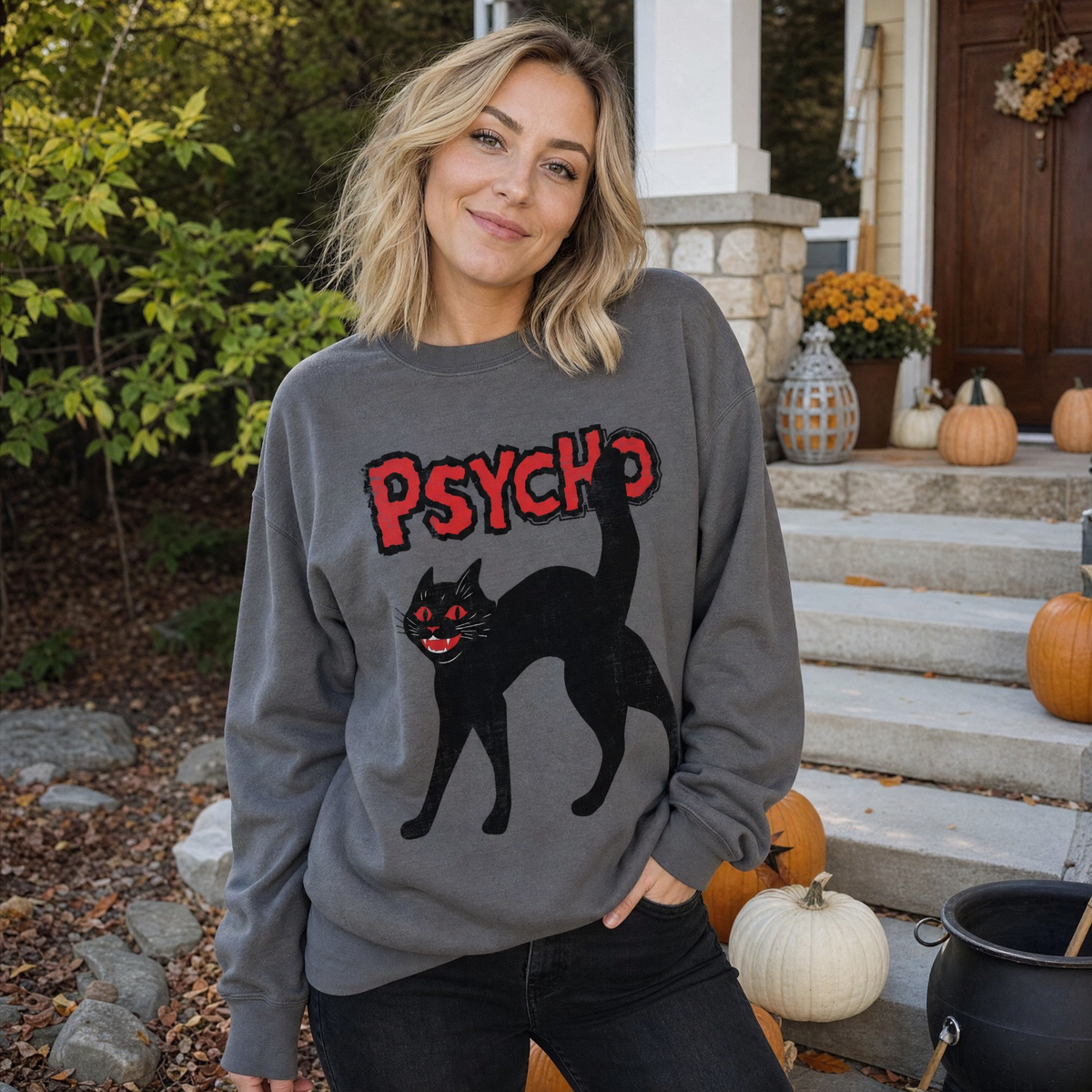Model wearing the Psycho Black Cat sweatshirt in Charcoal