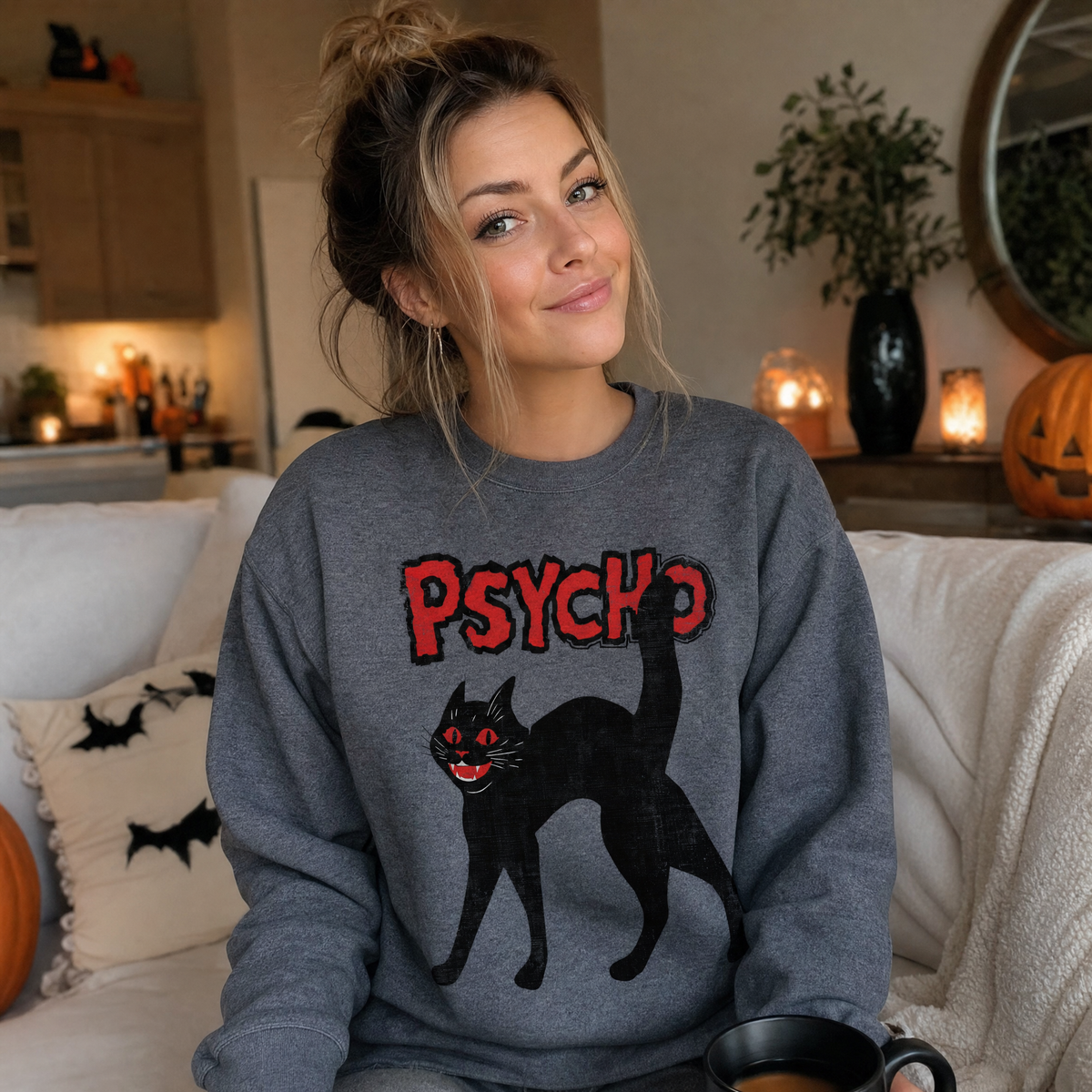Model wearing the Psycho Black Cat sweatshirt in Dark Heather