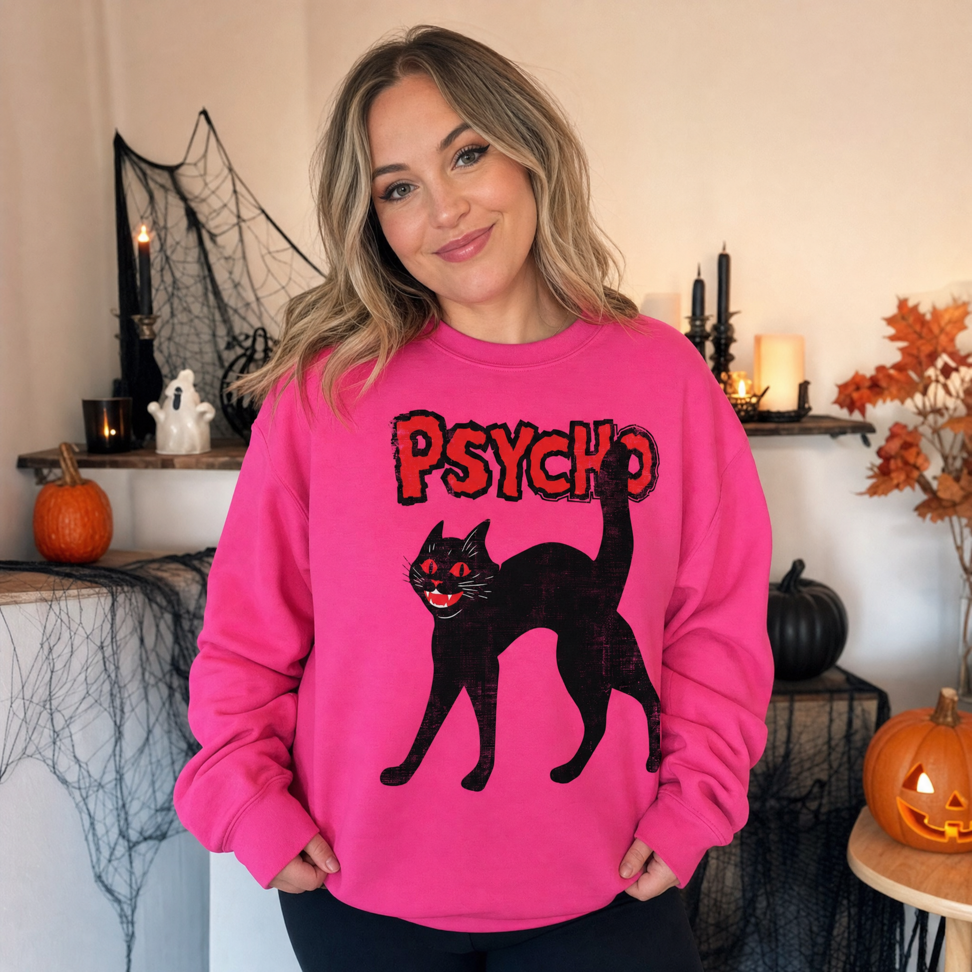Model wearing the Psycho Black Cat sweatshirt in Heliconia